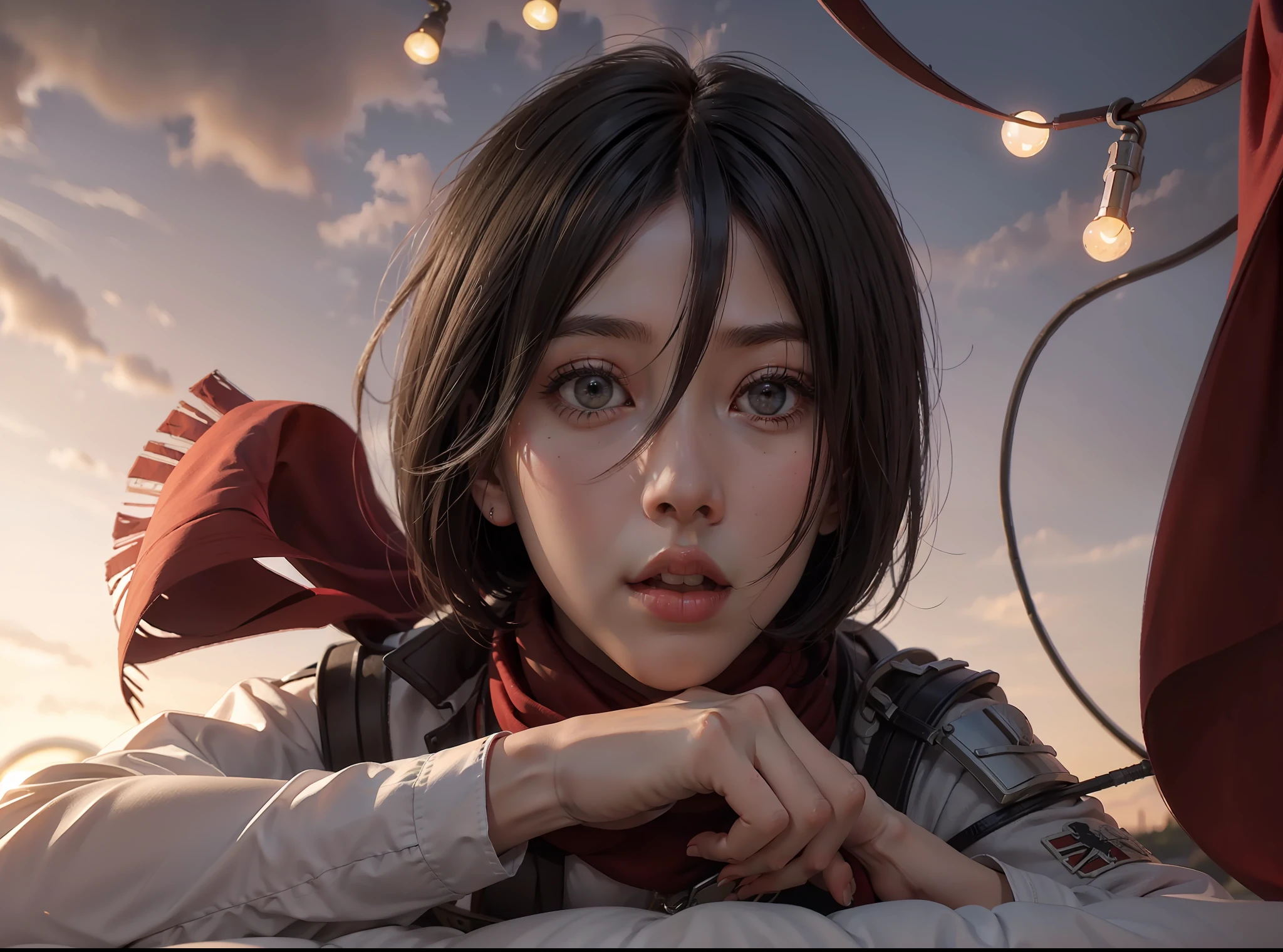 Mikasa, Masterpiece, Best quality, A high resolution, Short hair, Black eyes, Scarf, emblem, belt, thigh band, Red scarf, White pants, Brown jacket, Long sleeves, holding weapon, sword, dual wielding, Three-dimensional electric gear, Wide shot, sky, Highest quality, high resolution,Lie down in bed,cute big breasts,Be red in the face,crouching,Bury your head,