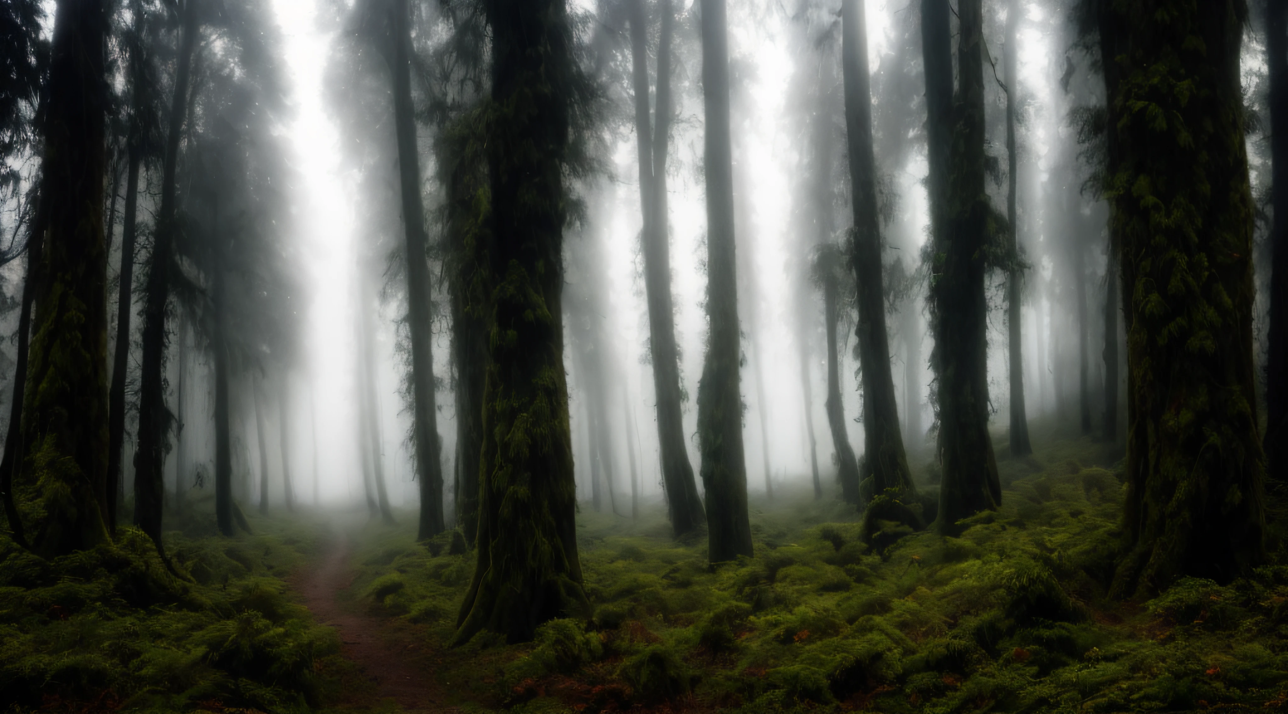 Arafed view of a forest with a path through it, em uma floresta nebulosa e musgosa, floresta sinistra e sinistra, floresta misteriosa, floresta misteriosa e assustadora, Floresta antiga como floresta fanal, na enorme floresta nebulosa, nas profundezas da floresta, Florestas escuras ao redor, Floresta Irlandesa, mystic forest, floresta sombria, teares escuros da floresta, floresta nebulosa, foggy forrest backdrop