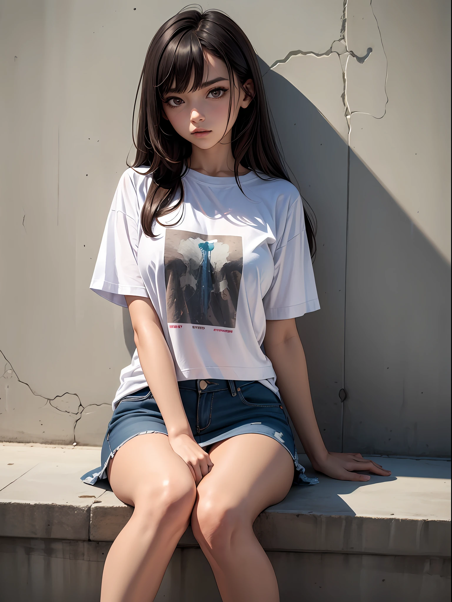 top-quality, intricate detailes, chromatic abberation, 1girl in, length hair, A dark-haired, Unkempt hair, White Highlights, red eyes, sharp eye, Oversized white T-shirt, Ultra mini skirt, pantiy, Cowboy Shots, wind lift, (oversize tshirt: 1.2 inch),against a wall, sitting on, Concrete walls, doodle, Dim lighting, alleyway