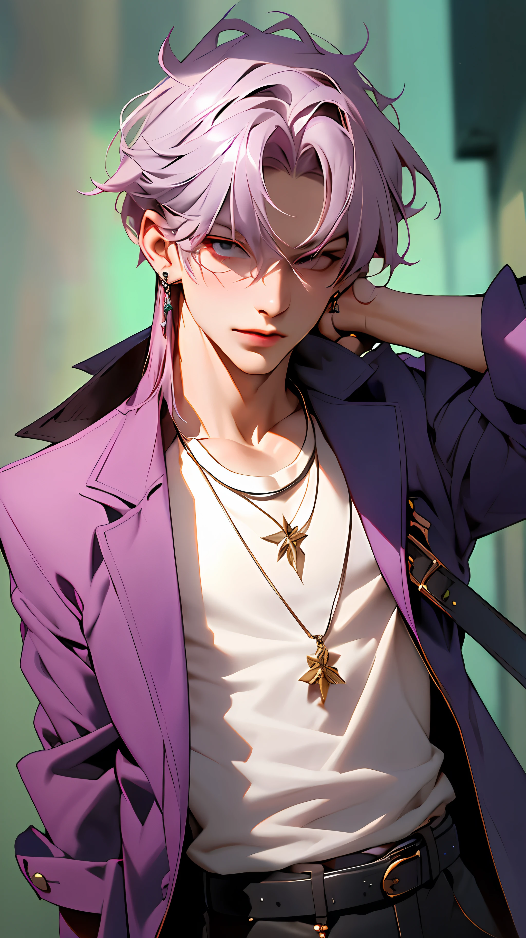 best quality, masterpiece, highres, 1boy,male,solo,upper body, sampo,purple hair,green eyes,hair over one eye,jacket,shirt,earrings,belt