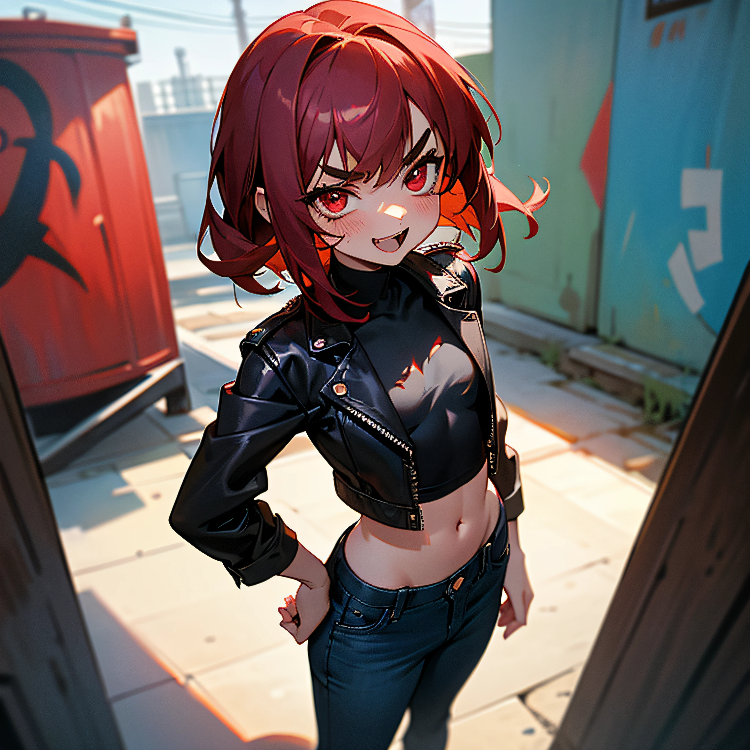 Original Character, anime, Volumetric Lighting, Best Shadows, Shallow Depth of Field, Portrait Of Stunningly Beautiful Girl, Petite, Delicate Beautiful Attractive Face With Alluring Red Eyes, Messy Painted Face, Sharp Eyebrows, Broadly grin, Open Mouth, Fangs Out, Lovely small Breasts, Layered Medium Red Hair, Blush Eyeshadow, Thick Eyelashes, Black Leather Jacket, Black Shirt, Open Navel, Slim Waist, Black Denim Jeans Pants, In The Graffiti Alley, Waste Container, Outside Stairs, Outdoor Unit, Standing, (Highest Quality, Amazing Details:1.25), (Solo:1.3), Brilliant Colorful Paintings, mesugaki, dark, Evil, Demonic, Teasing, Looking Down, stuck-up, , kid, i, pe, small, flat chest, dark alle --auto