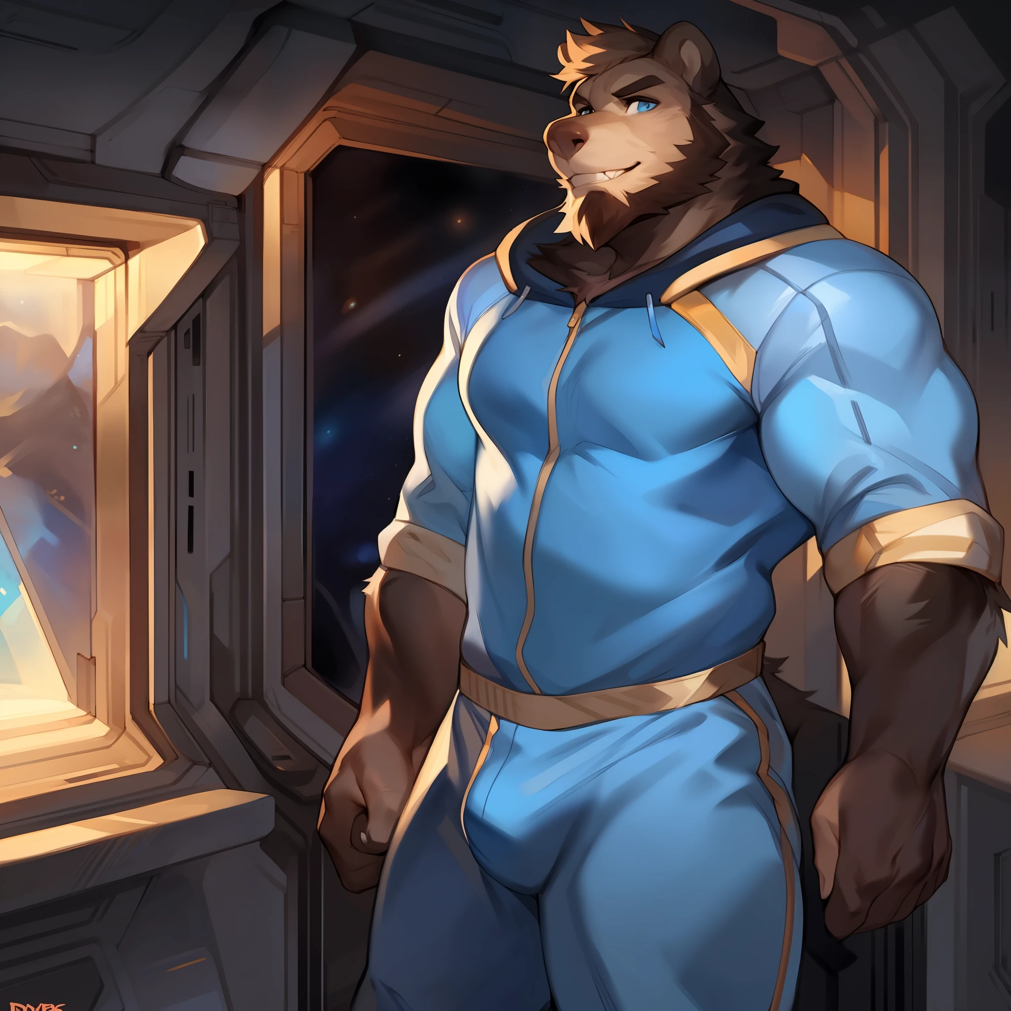 Solo, male, blue spacesuit, bulge, muscular, by bebebebebe, by spuydjeks, by darkgem, by mystikfox61, by chunie, standing, space, spaceship, window, enormous, buff, (((beard))), wide, broad shoulders, giant biceps, massive, black bear, black fur, blue eyes, strong jawline, lareg teeth, big nose, square jaw, large lower jaw