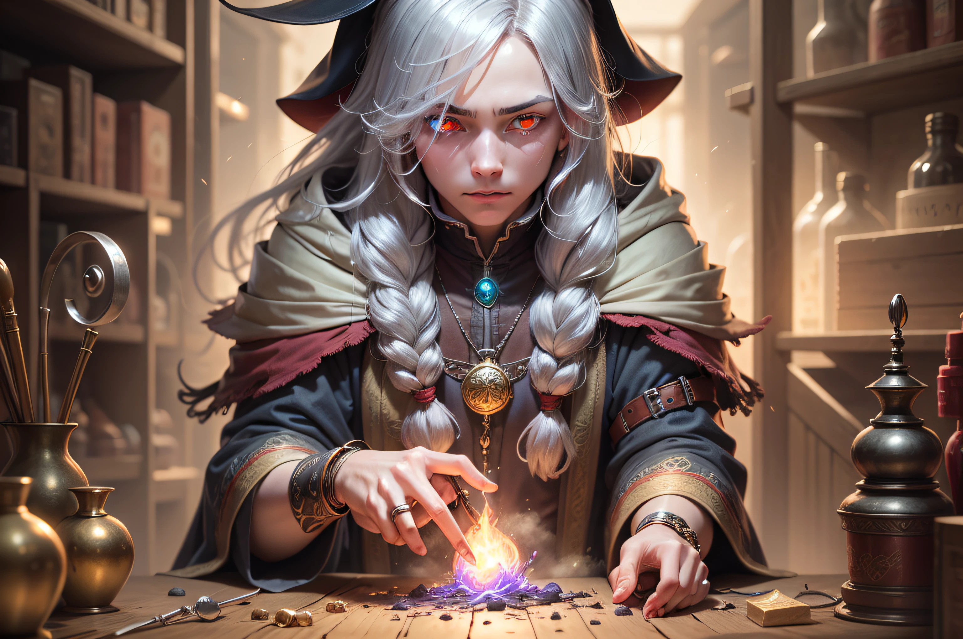 a sorcerer with long silver hair and glowing eyes in a magic goods stall