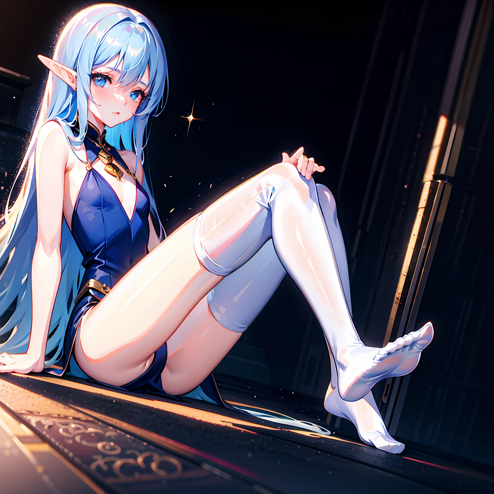 animemanga girl,Blue long hair,blue color eyes,white stockings,shift dresses,Strong edges light color,Close-up of feet,cinematric light,tmasterpiece,dream magical,8K anime wallpaper,Petite,Tsundere personality,the elf,Fantasy scenes,Golden ratio figure