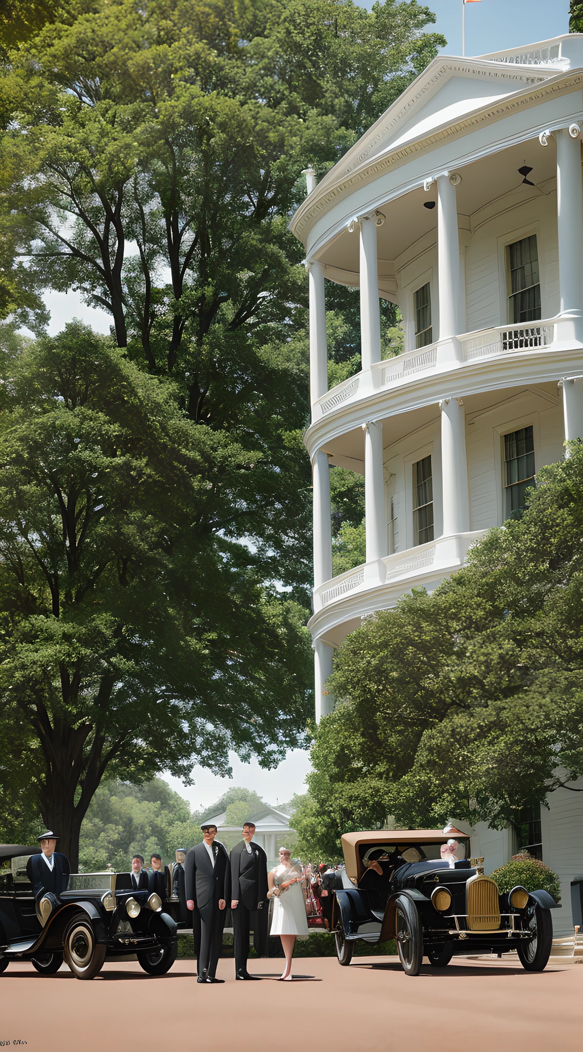 (masterpiece, high resolution, photo-realistic:1.3), President Woodrow Wilson, (formal attire:1.1), welcoming smile, small group of dignitaries, (vintage clothing:1.2), in front of the iconic White House, early 20th-century automobiles, brick paved road, leafy trees, sunny day, (aged photograph texture:1.2), sepia tones, warm atmosphere, historic moment, full body view, looking at viewer.