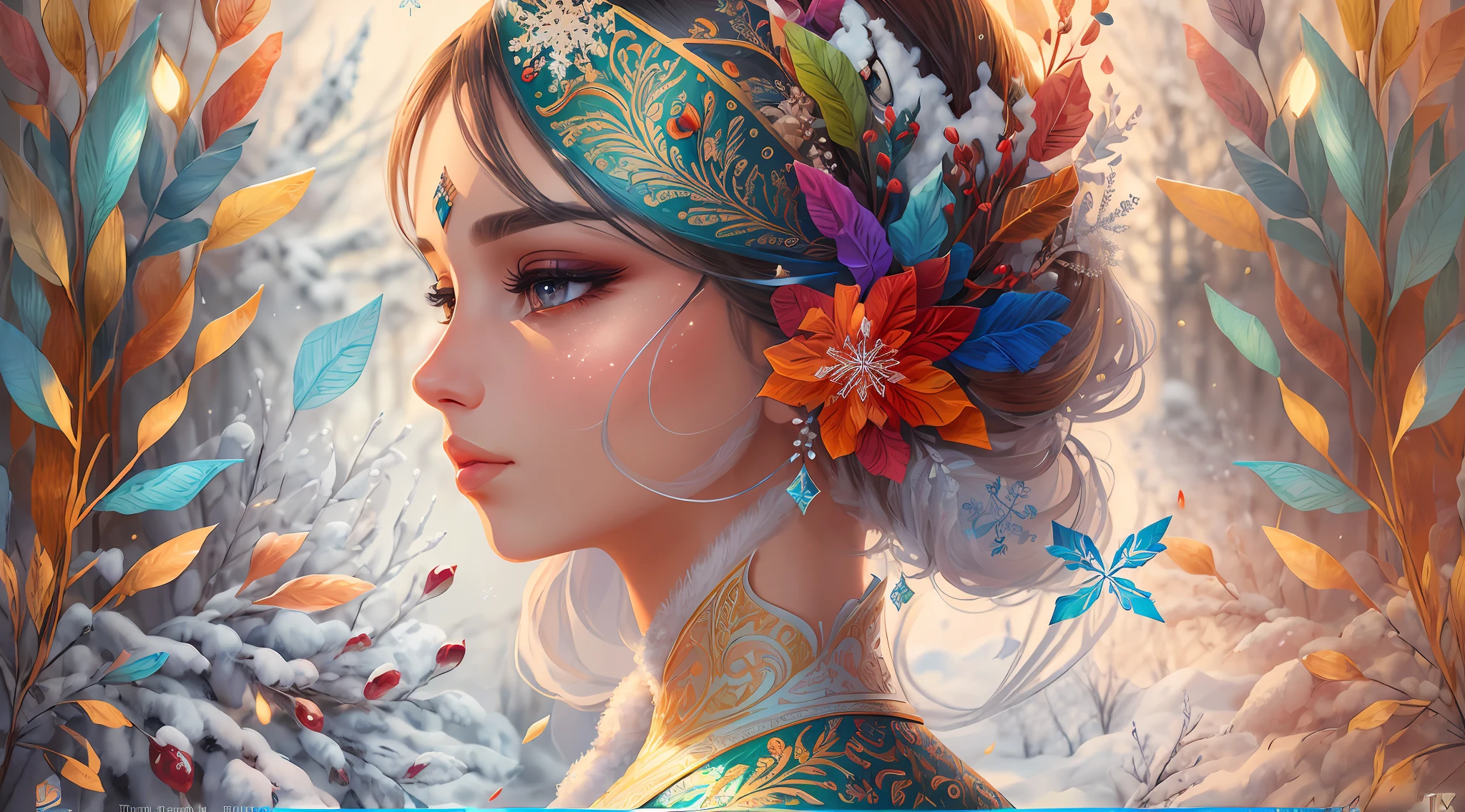(illustration:1.3),at winter season, paper art, 3D rendering of, Colorful, Beauty side face, eye closeds,ssmile,clubs, Lines, Best quality, Detailed details, Masterpiece, offcial art, Cinematic lighting effects, 4K,