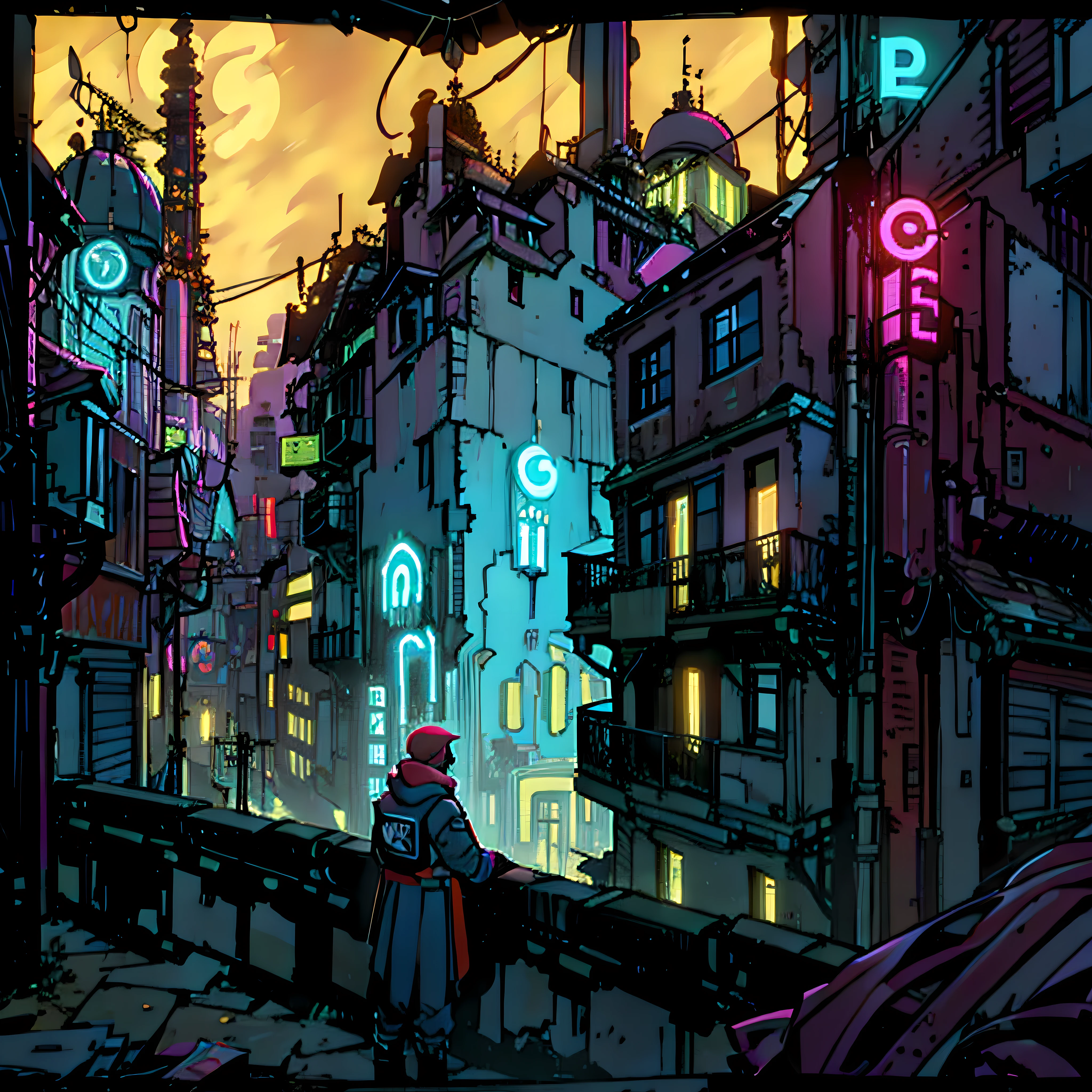imaem com teor existencial. a hacker looking out the window of the building, usando um notebook com luz da tela na cor vermelha neon. in the background highlighting a landscape of the city of Ubarna with many buildings, Carros, Connected to the Internet. In an apocalyptic scenario highly connected to the Internet, with a high population of people. cores escuras, com vermelho neon em constraste