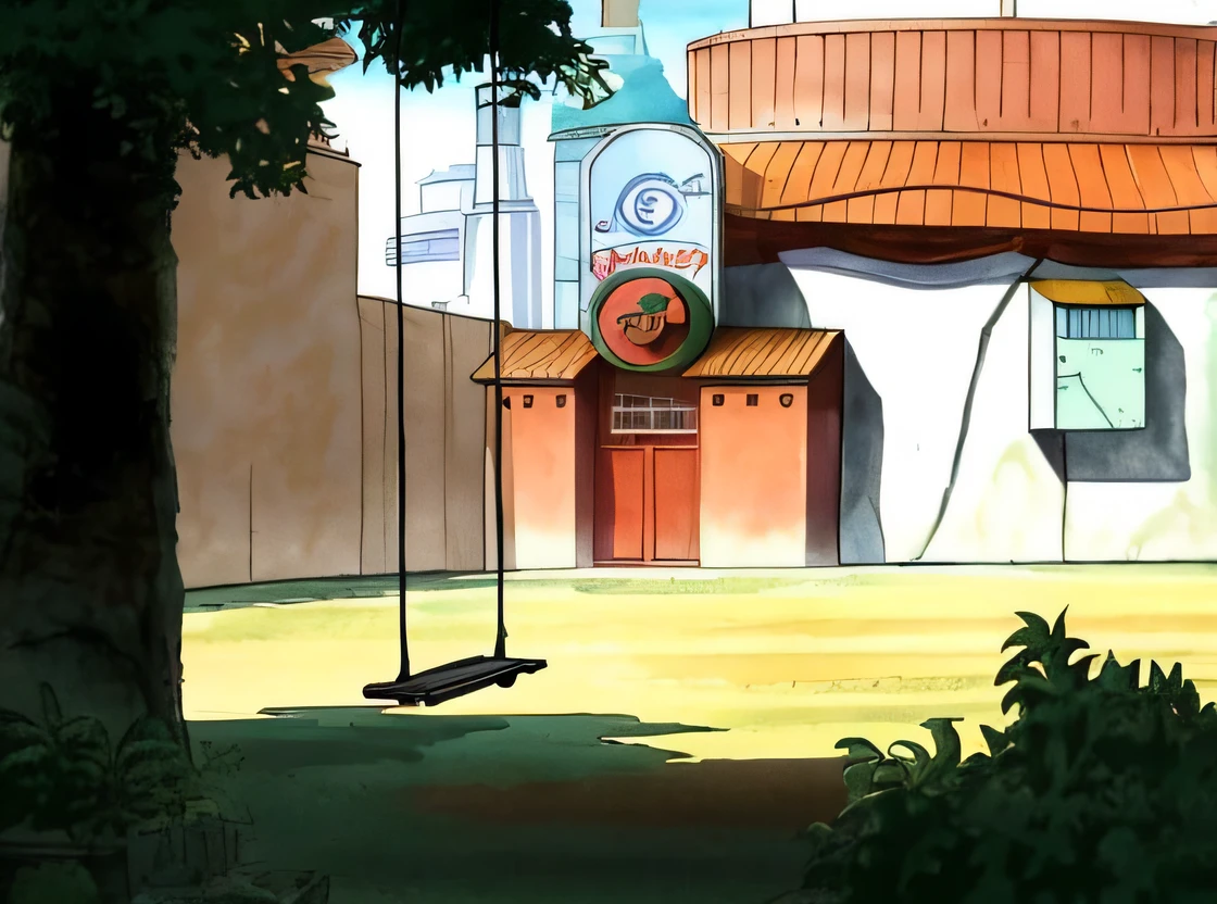 Cartoon of a swing in front of a building with a sign, Akira Toriyama Studio Ghibli, Production art, style of madhouse studio anime, arte de fundo do anime, sou um naranbaatar ganbold, de akira ( 1 9 8 8 ) Estilo, Arte de fundo, legend of korra setting, Ambiente Studio Ghibli, cena de anime, random background scene