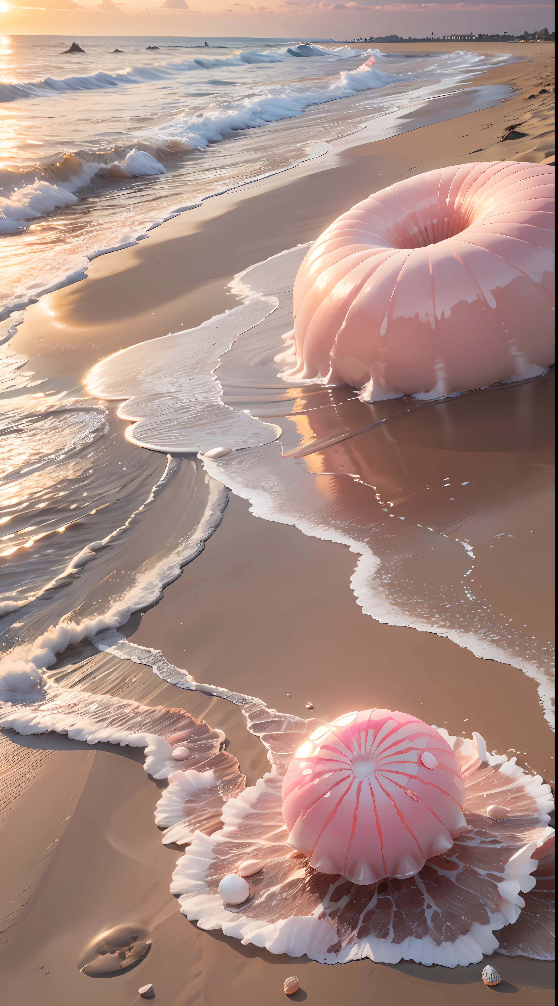 (8k, RAW photo, best quality, masterpiece: 1.2), (realistic, realistic: 1.37) There are many pink shells on the beach, there is water, pearl, pearl and shell, soft spill, pearlization, pink jellyfish everywhere, soft 3D rendering, ethereal bubbles, bubble landscape, Iray shader, soft pink, pink reflection, pearl sky, shells, paradise pink, pastel colors, pink pastels