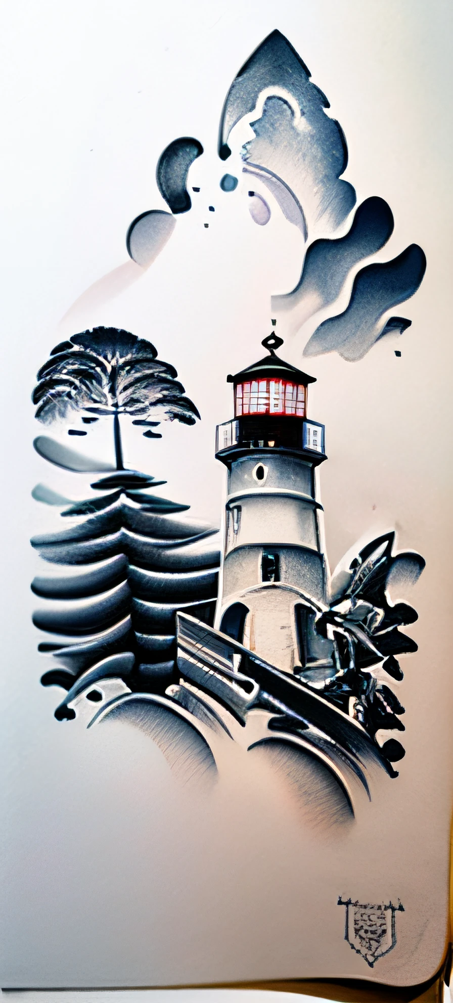 Drawing of a lighthouse with birds flying around it, Boceto de tatuaje de un mar, Tattoo sketch of an ocean, tattoo design sketch, Medium size tattoo sketch, boceto de tatuaje, concept tattoo design, boceto tatuaje, Realismo tatuaje boceto, detailed but rough, bocetos de tatuajes, tattoo design, faro, dibujo entintado, Realismo Dibujo del tatuaje, Realistic tattoo design, Casa de la Luz, elaborate ink illustration