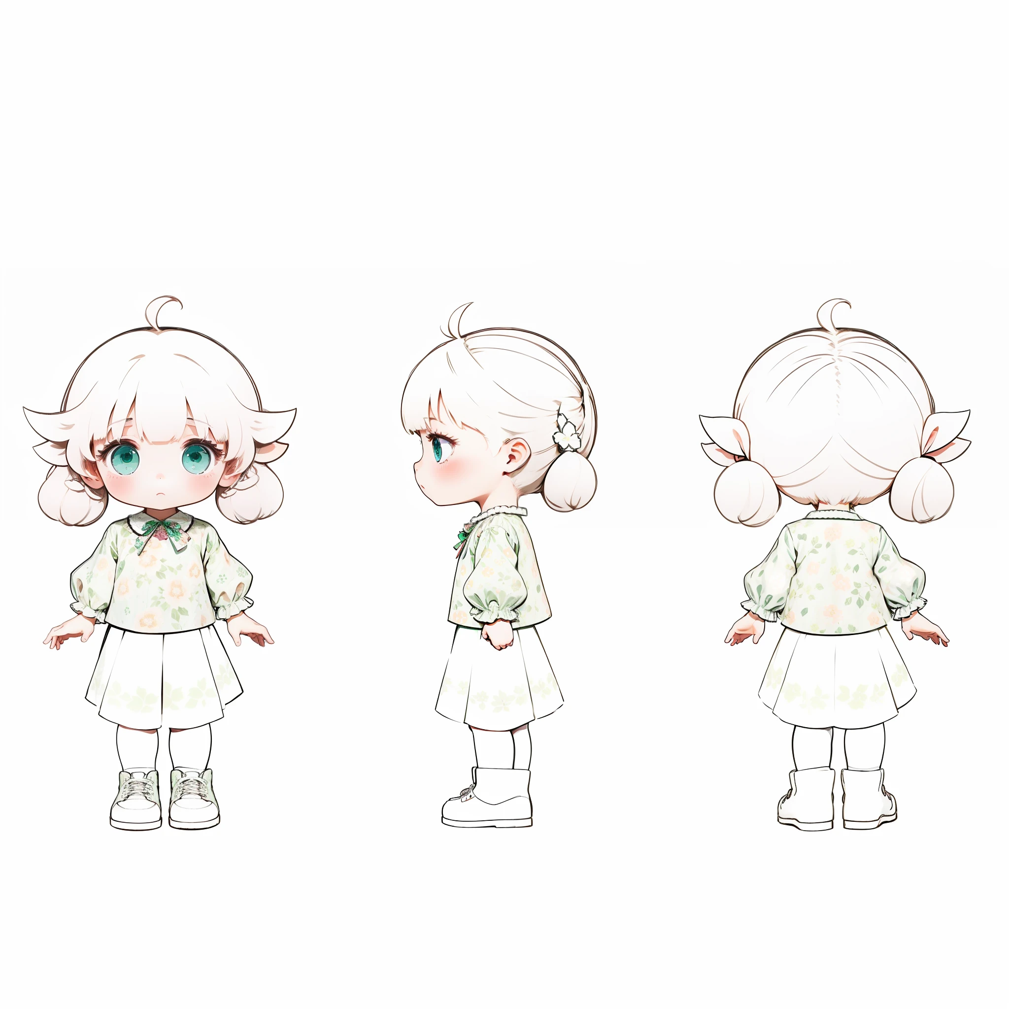 One ,There is a blush,brown hair,blue color eyes,Light green floral blouse,Dark green skirt,white legwear,Dark green shoes,Three View、Front view、the sideview、posterior view --auto