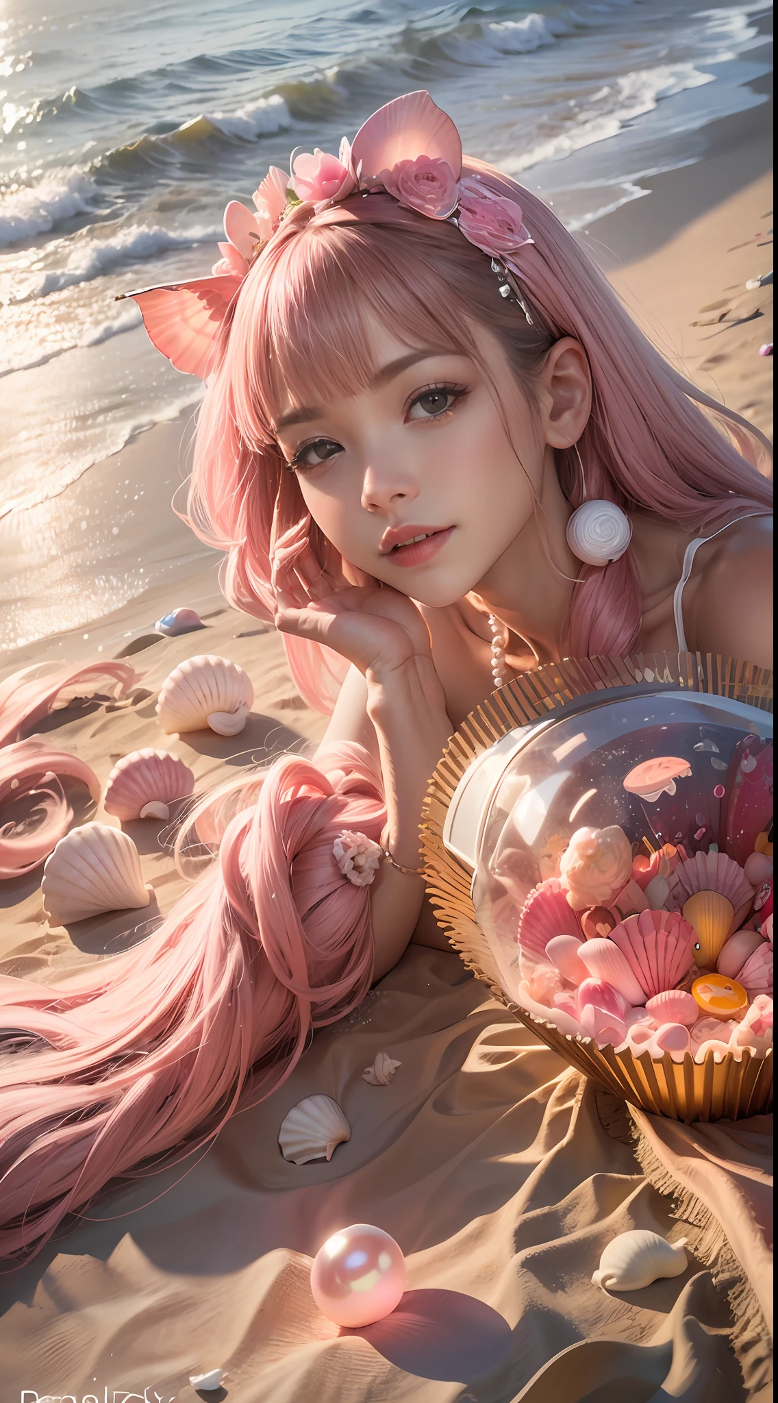 (8k, RAW photo, best quality, masterpiece: 1.2), (realistic, realistic: 1.37) There are many pink shells on the beach, there is water, pearl, pearl and shell, soft spill, pearlization, pink jellyfish everywhere, soft 3D rendering, ethereal bubbles, bubble landscape, Iray shader, soft pink, pink reflection, pearl sky, shells, paradise pink, pastel colors, pink pastels