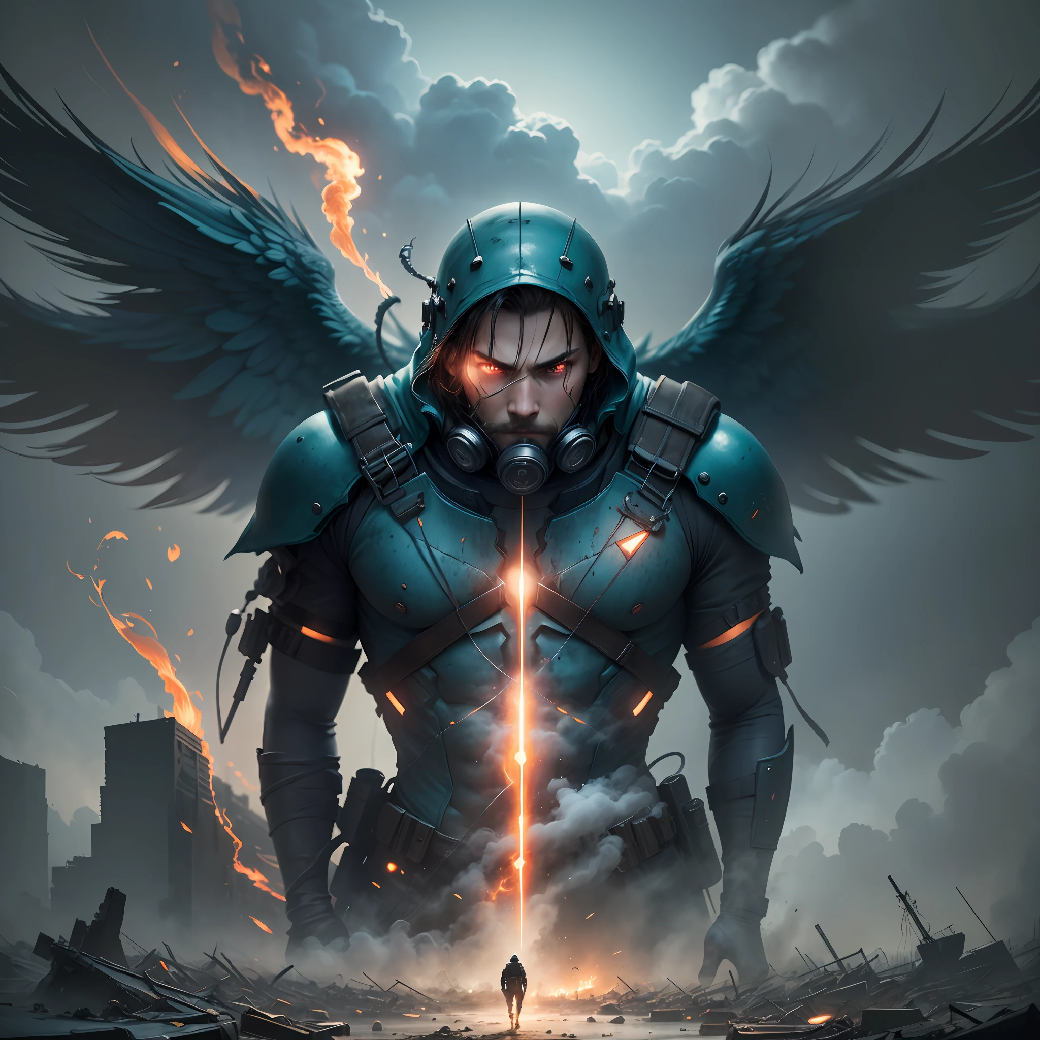 hero with cover, hyper realistic image, male focus, digital art of the highest quality, apocalyptic scenario, 4k, high resolution, detailed face, hyperdetailed, smoke, (8k), realistic, symmetrical, award-winning, film, sharp focus, teal and red hue, octane, unreal, poorly lit