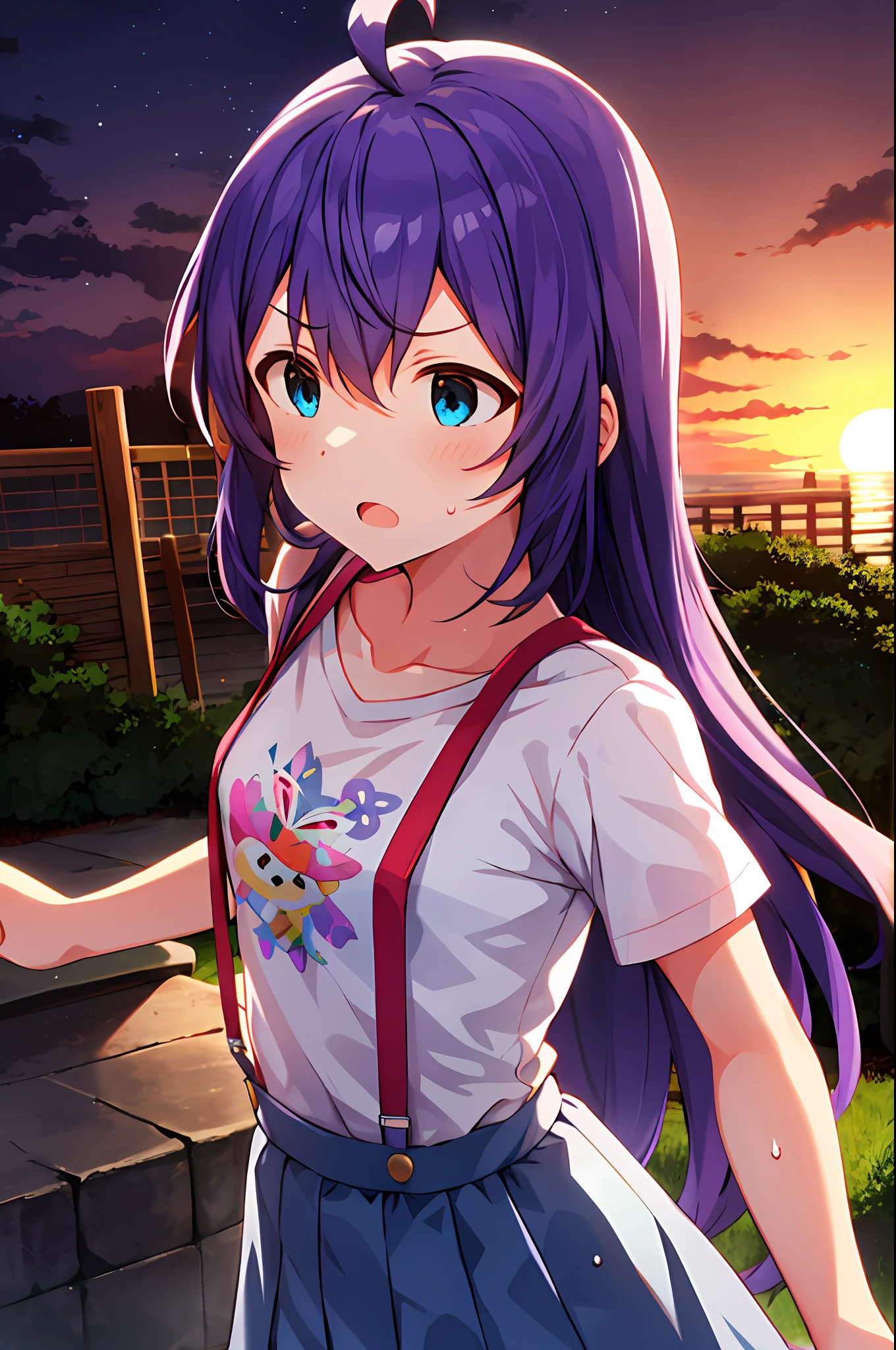 mochizuki anna,1girl in,Solo,Long hair,Purple hair,Medium chest.Ahoge,Blue eyes.Short stature.white t-shirts.suspenders.Skirt.Evening glow.the setting sun.Despair face.Sweat.Opening Mouth.up chest.fighting stance.