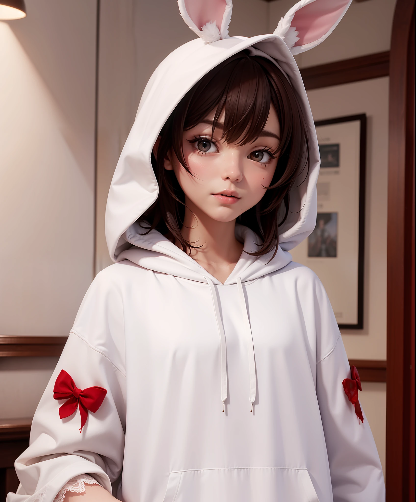 rabbit anthropomorphism, hoodie, blood, lace, white gown, archer