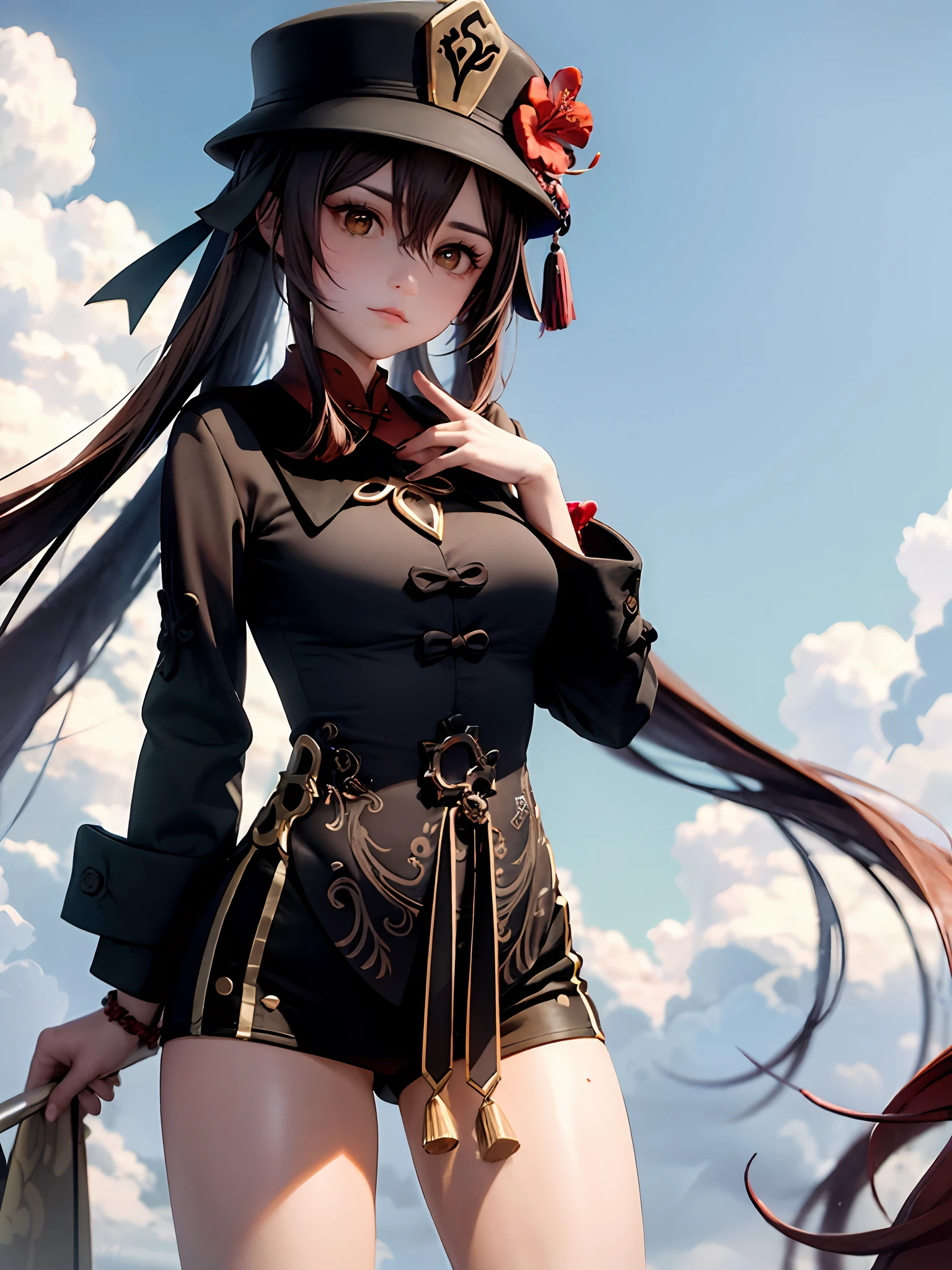 flower, Red_flower, Solo, Hat, Long_Hair,Hu Hutao \(Genshin Impact\),Mature female, Looking_at_peeping at the viewer, The upper part of the body_Body, Chinese_clothes, 1girll, Hat_flower, brown_Hair,Closed_Mouth, hibiscus, Red_Rose, spider_Lily, bangs,kbxll,heart shaped hand