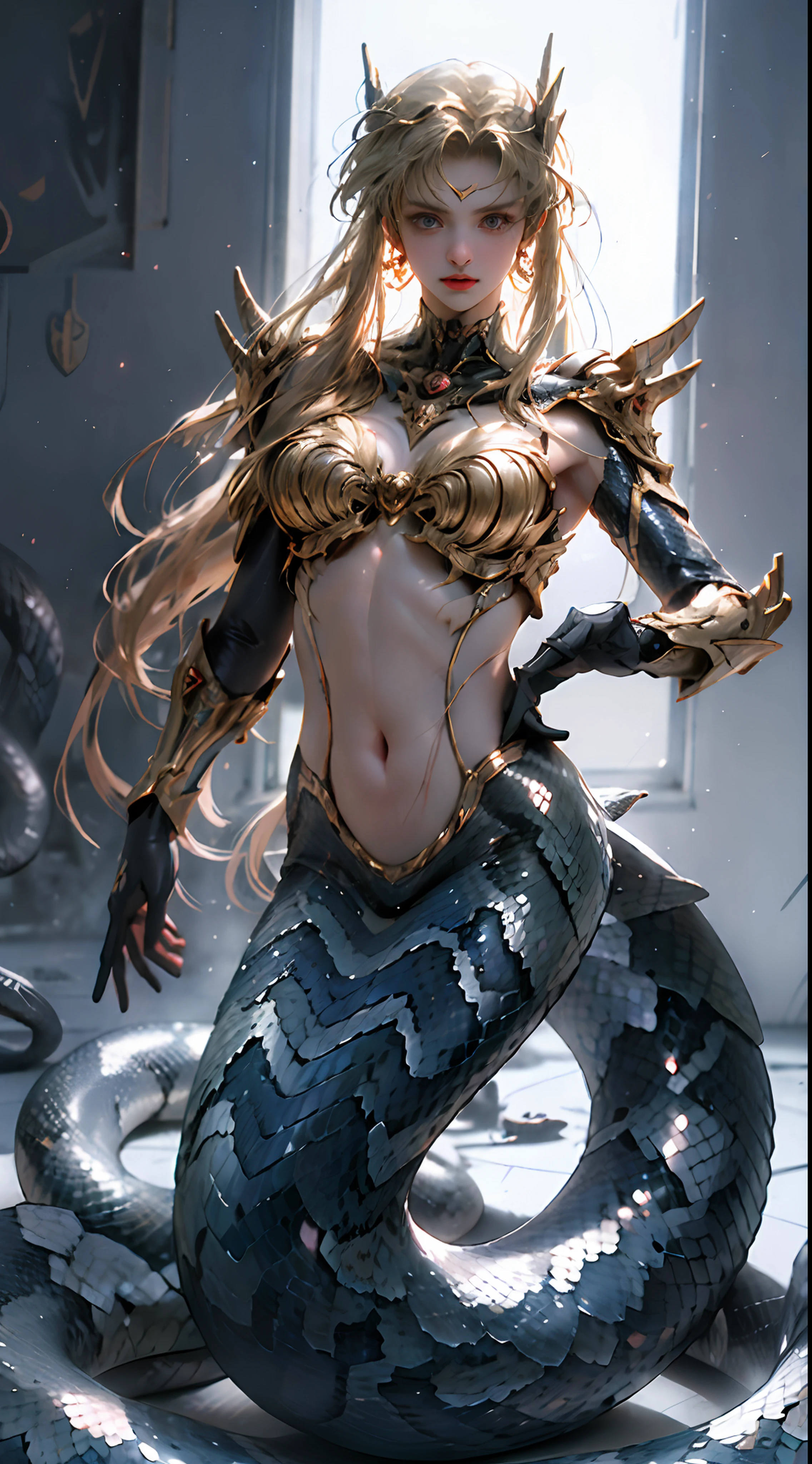 A woman in silver armor,(mermaid:1.2), (Snake tail:1.3),8K UHD,RAW photo,A snake woman,(Python pattern),White Snake(snake man),(Golden scales),(Real Human:1.3),(A high resolution:1.4),(A detailed:1.5),(photorealestic:1.7),RAW photo,Portrait Photogram,Realistic scales,cabellos largos dorados,Skin is delicate and smooth,A plump chest,(Lamia),RAW photo,超A high resolution,Foto realism,best qualtiy,(highdetailskin,skin detailed),Visible Pore,Shiny skin,tmasterpiece,finedetail,Colorization,Extremely Delicately Beautiful,Extremely detailed 8k wallpaper,8K high quality,Digital SLR,Snake man maiden with beautiful details,(looking at viewert),professional photograph lighting,Faraway view,full bodyesbian,in a panoramic view