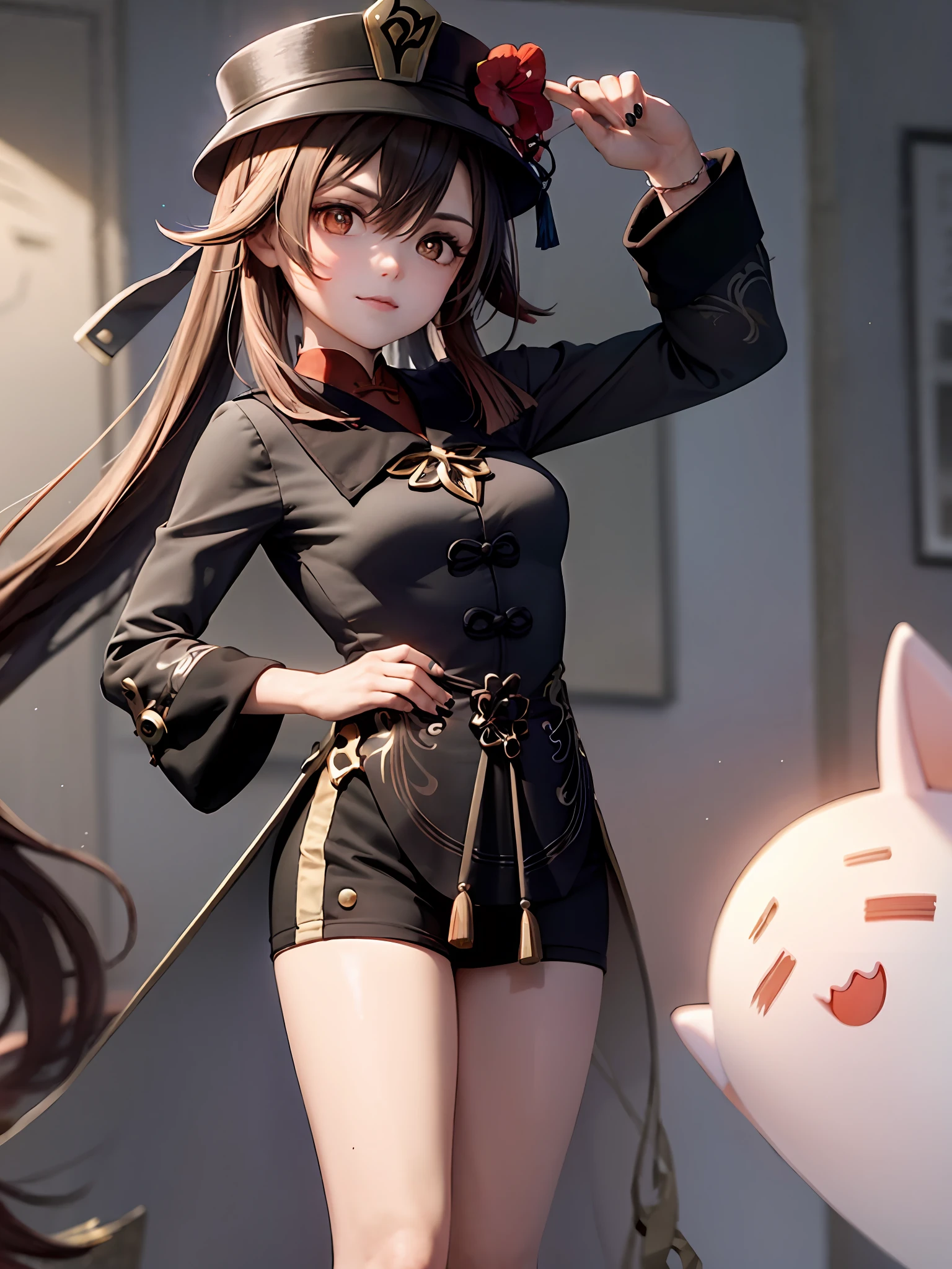 flower, Red_flower, Solo, Hat, Long_Hair,Hu Hutao \(Genshin Impact\),Mature female, Looking_at_peeping at the viewer, The upper part of the body_Body, Chinese_clothes, 1girll, Hat_flower, brown_Hair,Closed_Mouth, hibiscus, Red_Rose, spider_Lily, bangs,kbxll,heart shaped hand