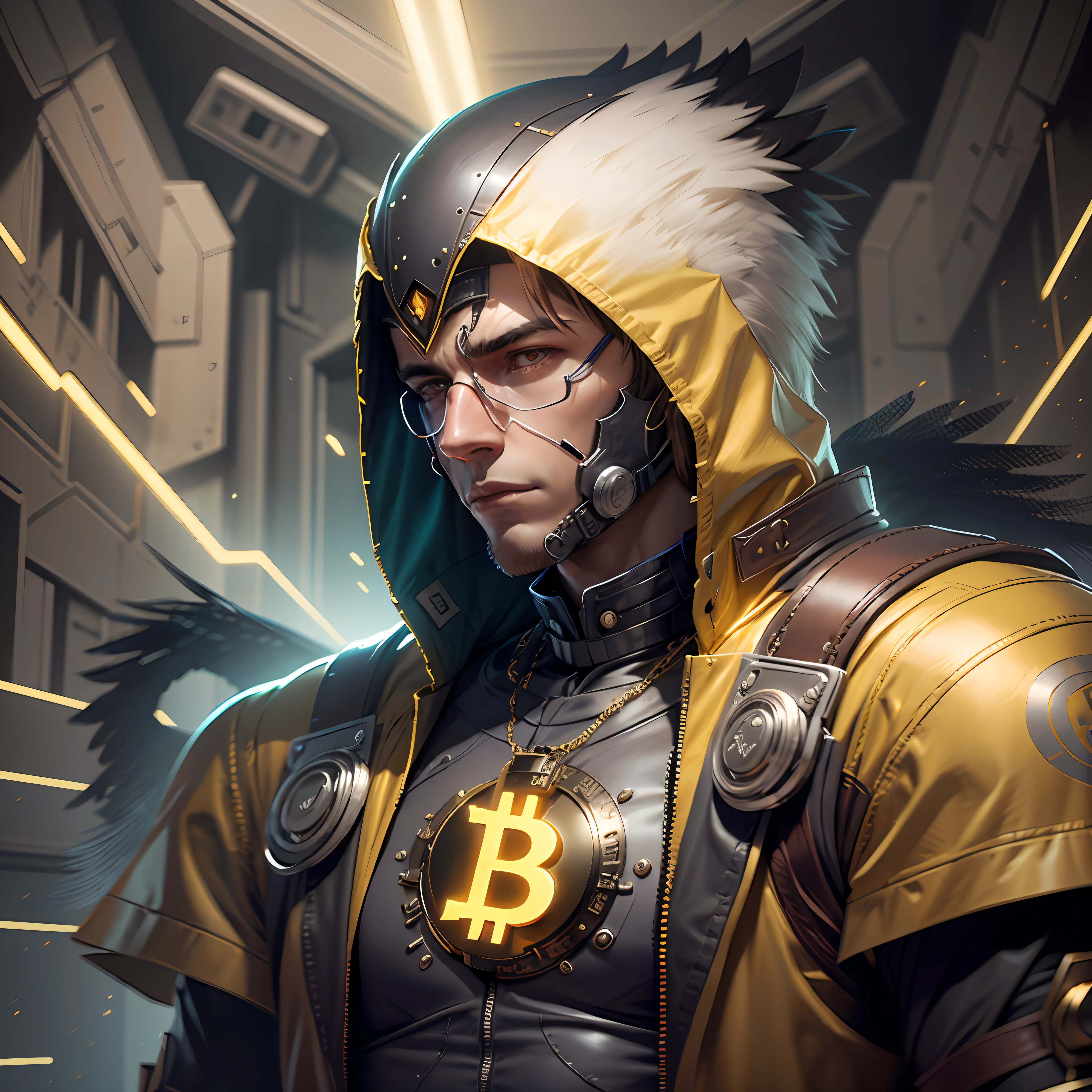 EAGLE CHARACTER, encapuzado, com colar de bitcoin, cyberpuk, red neon mask