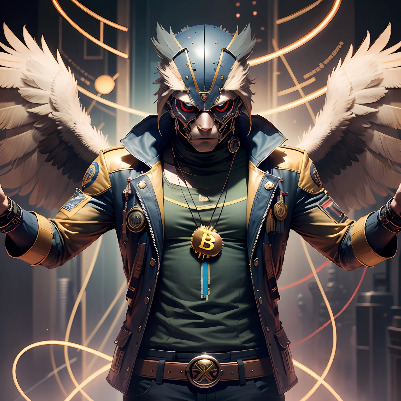 EAGLE CHARACTER, encapuzado, com colar de bitcoin, Cyberpuk, red neon mask, foto de cinema
