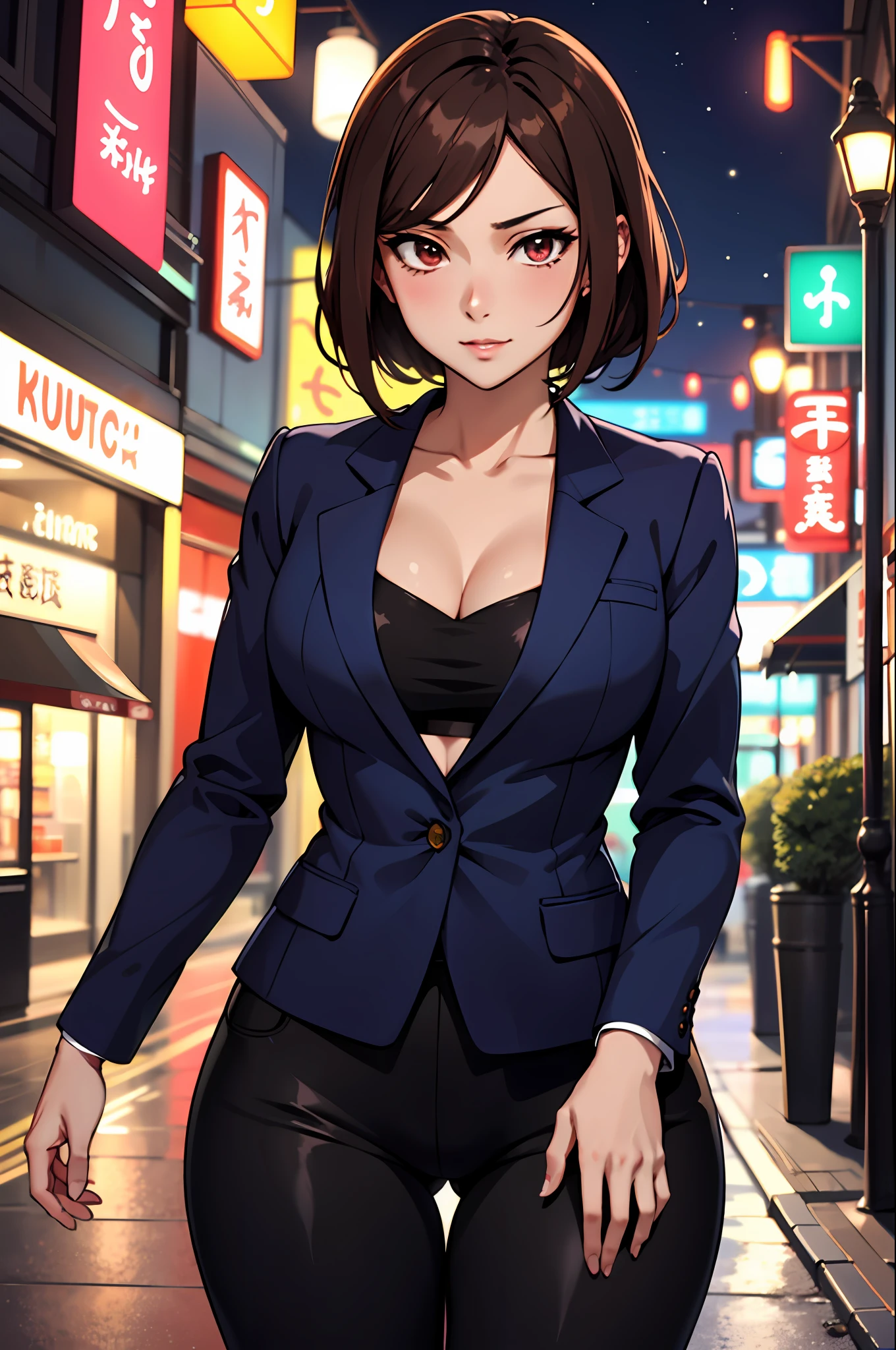 Anime girl in blue suit with black top and brown hair, Seductive Anime Girl, Ecchi anime style, , beautiful alluring anime woman, bending forward,Kamimei,Red Light District at Night,neons