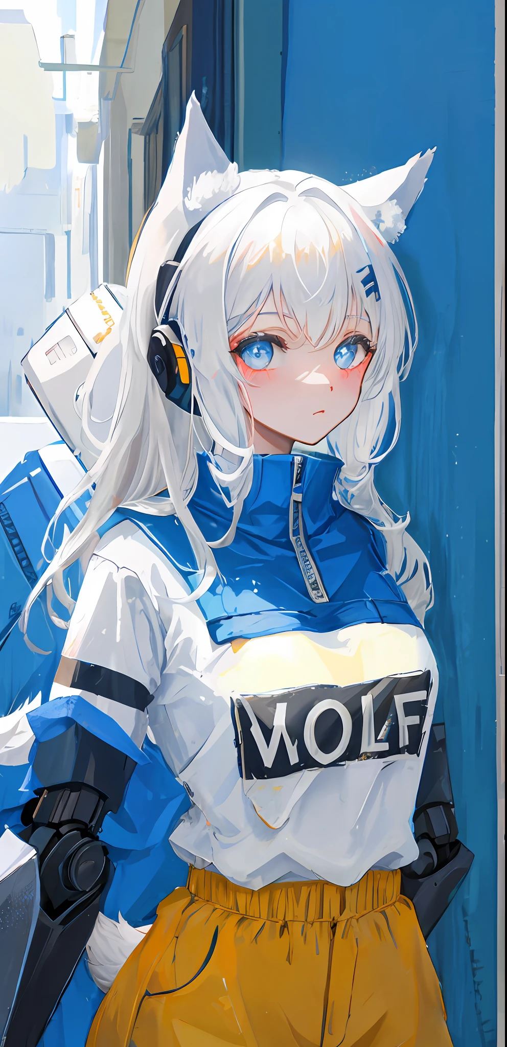 The robot is white,Blue bib,There are wolf ears 8K