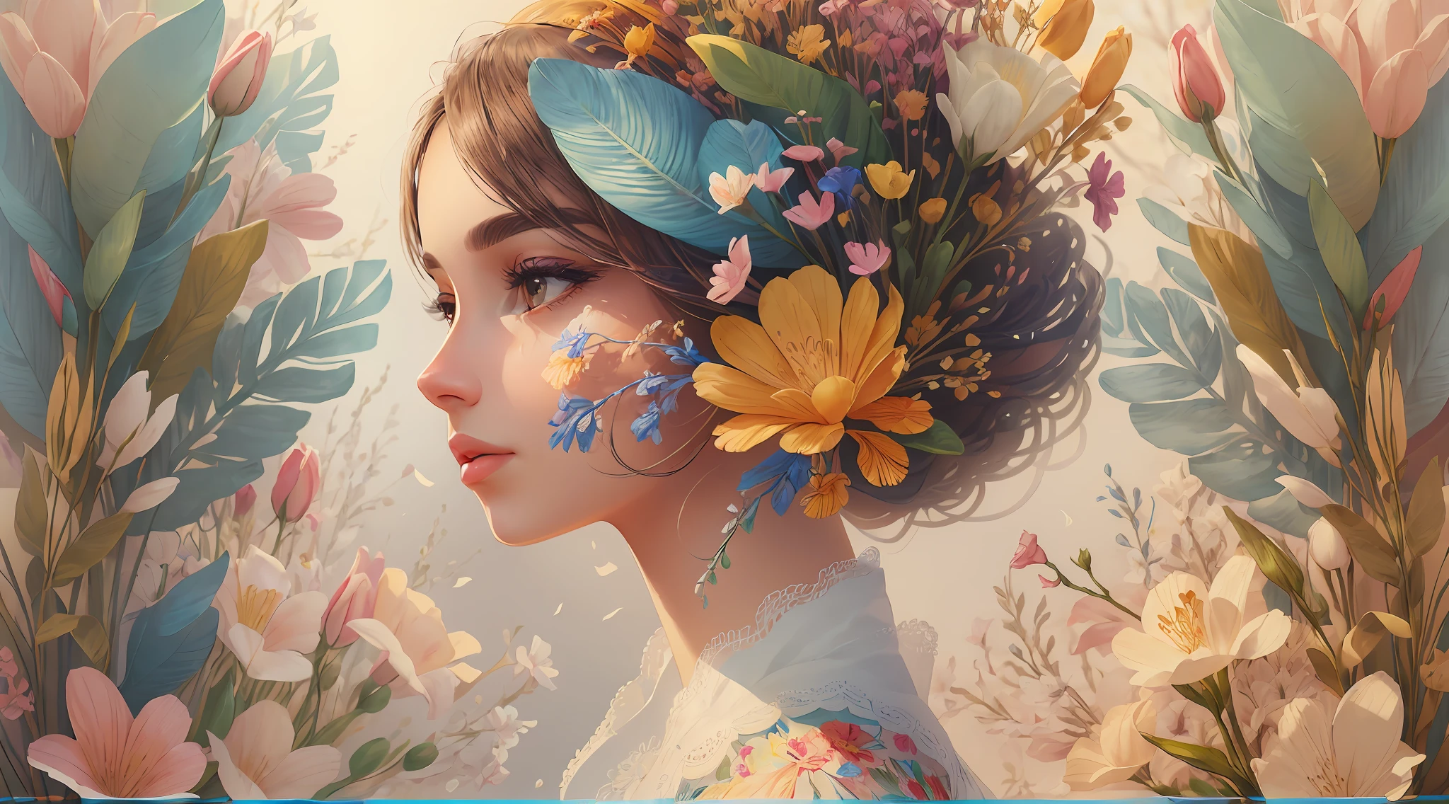 (illustration:1.3),In the spring, paper art, 3D rendering of, Colorful, Beauty side face, eye closeds,ssmile,fresh flowers, Lines, Best quality, Detailed details, Masterpiece, offcial art, Cinematic lighting effects, 4K,