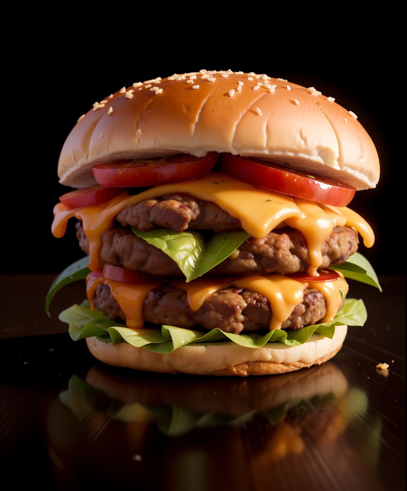 product shot of ultra realistic juicy cheeseburger against a dark background, two tone lighting, advertisement,