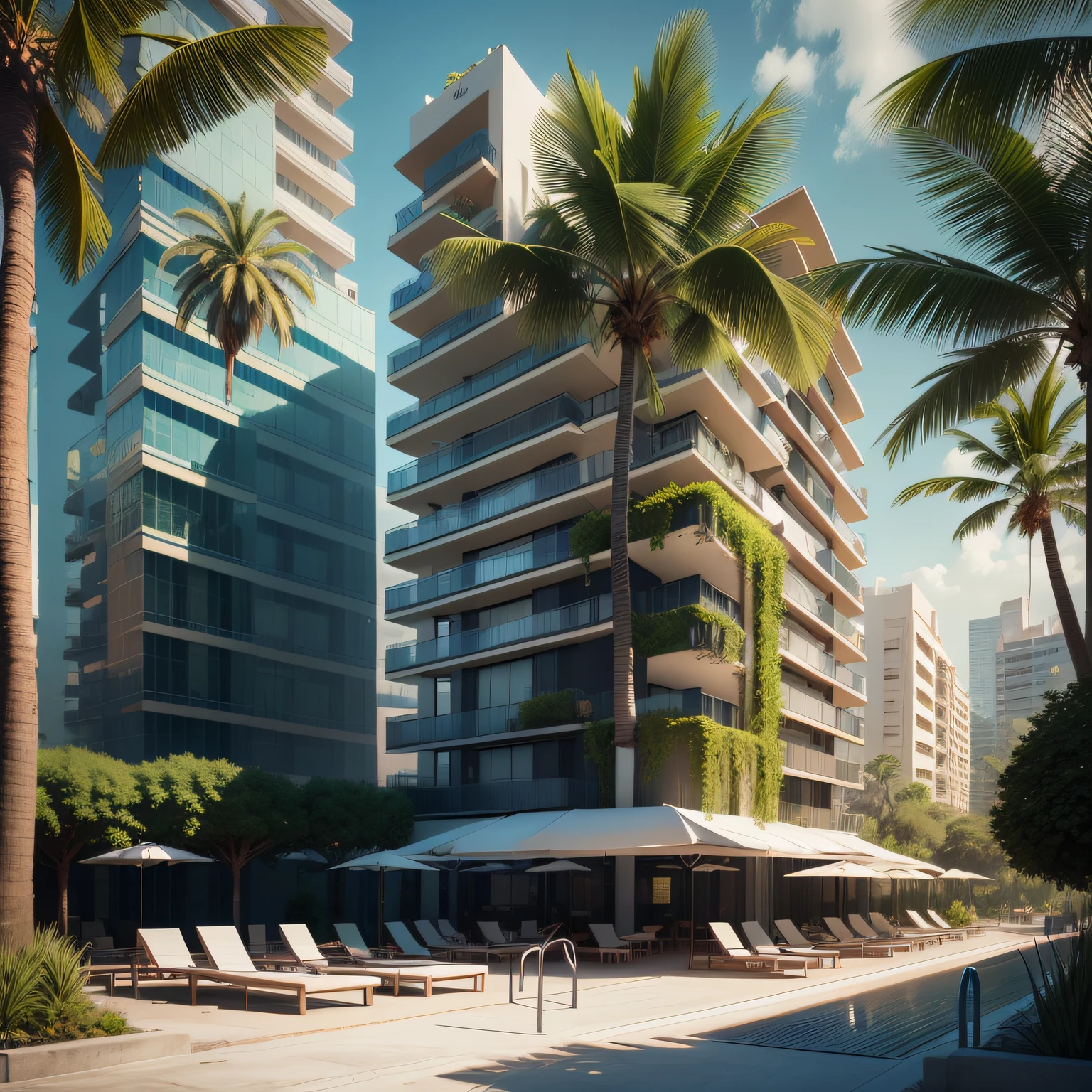 Grande hotel, Arquitetura futurista, building in the background, Building with grandevlawdo on the beach, Arquitetura moderna, grande piscina em frente ao hotel, restaurante interior com grandes fachadas em vidro, grandes candeeiros no interior, lots of vegetation around, hotel com 120 quartos, Arquitetura moderna, organic architecture, Geometria luxuosa, hiper-realista, Fantastic 8K architecture, UHD — AR 16: