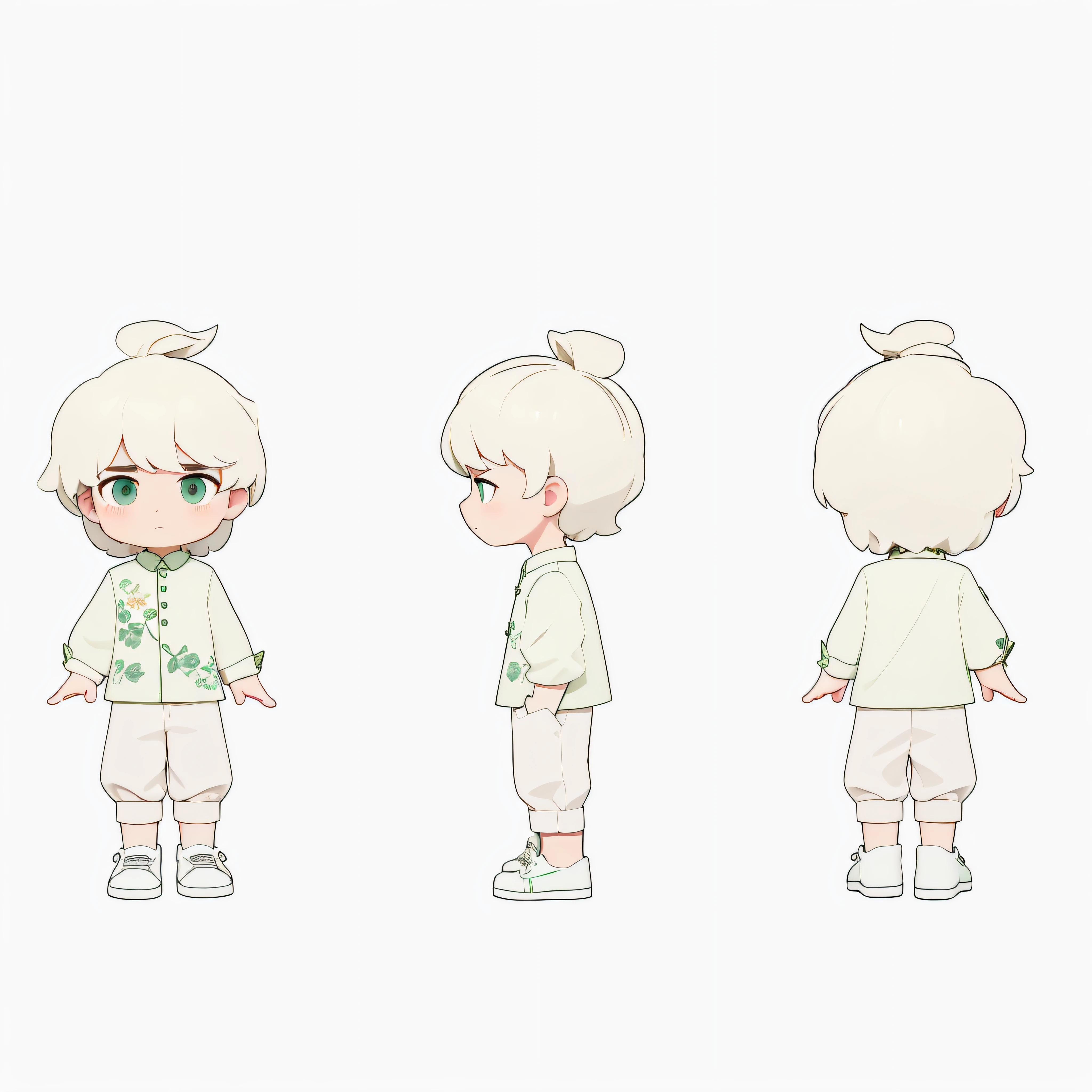 A boy with，brown  hair，Light green floral blouse，Dark green pants，white legwear，Dark green shoes，Three View，Front view、the sideview、posterior view