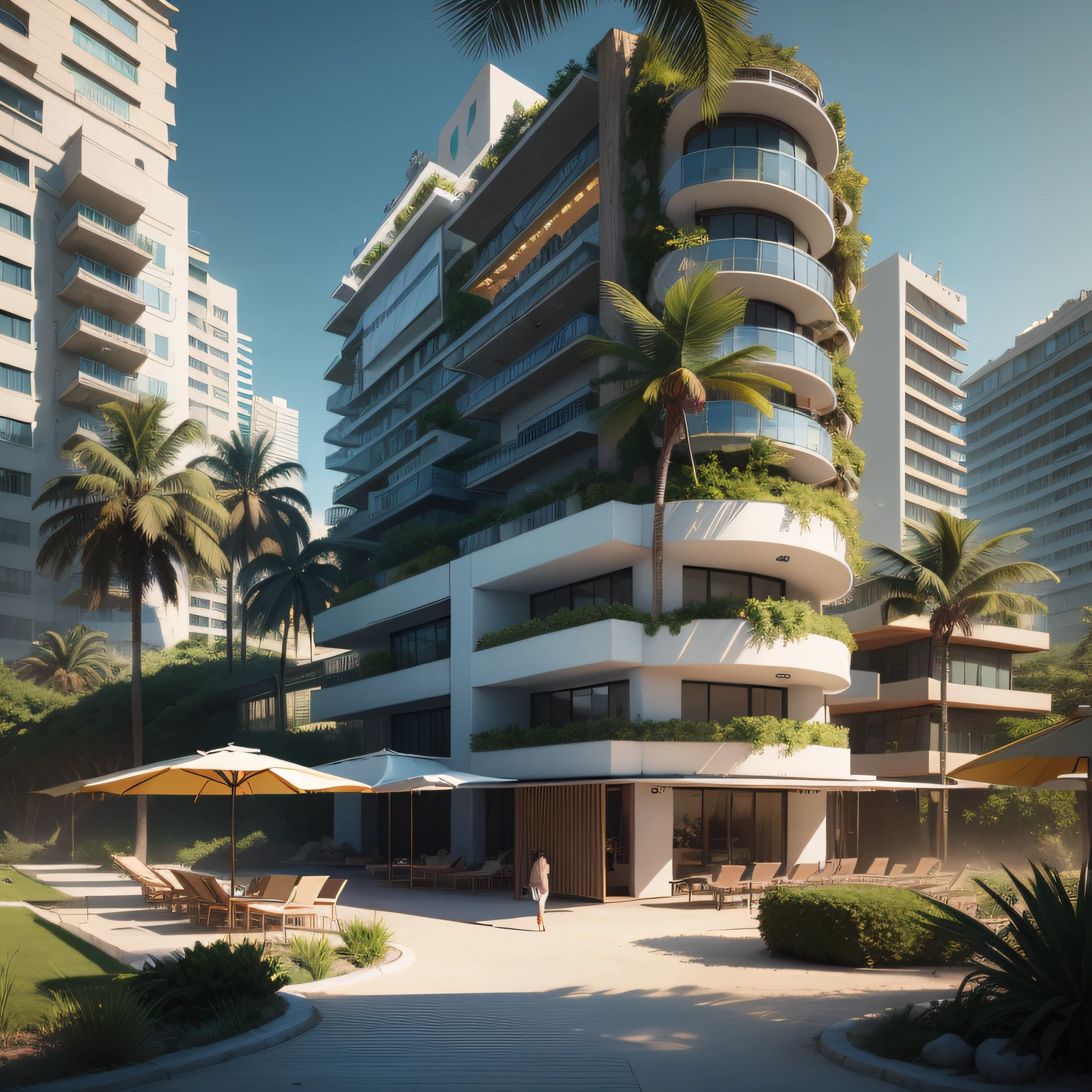 Grande hotel, Arquitetura futurista, building in the background, Building with grandevlawdo on the beach, Arquitetura moderna, grande piscina em frente ao hotel, restaurante interior com grandes fachadas em vidro, grandes candeeiros no interior, lots of vegetation around, hotel  com 120 quartos, Arquitetura moderna, organic architecture, Geometria luxuosa, hiper-realista, Fantastic 8K architecture, UHD — AR 16: