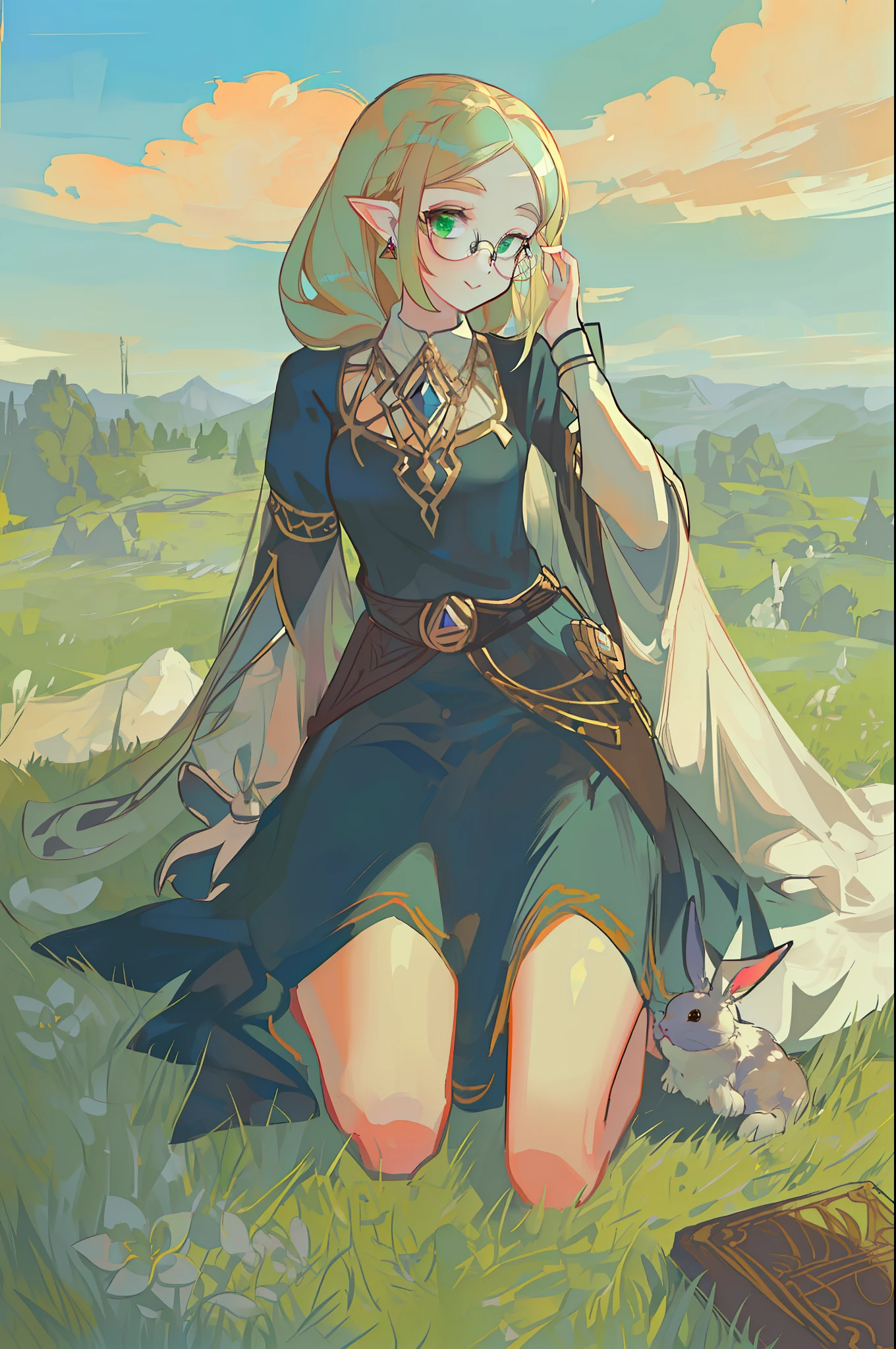 Green-haired girl，Green jewel-like eyes，glistning skin，Gem earring，Gold-tone glasses，magia，book，Blue sky，grassy fields，Illustration style，Sit on grass，Rabbits surround the girl。