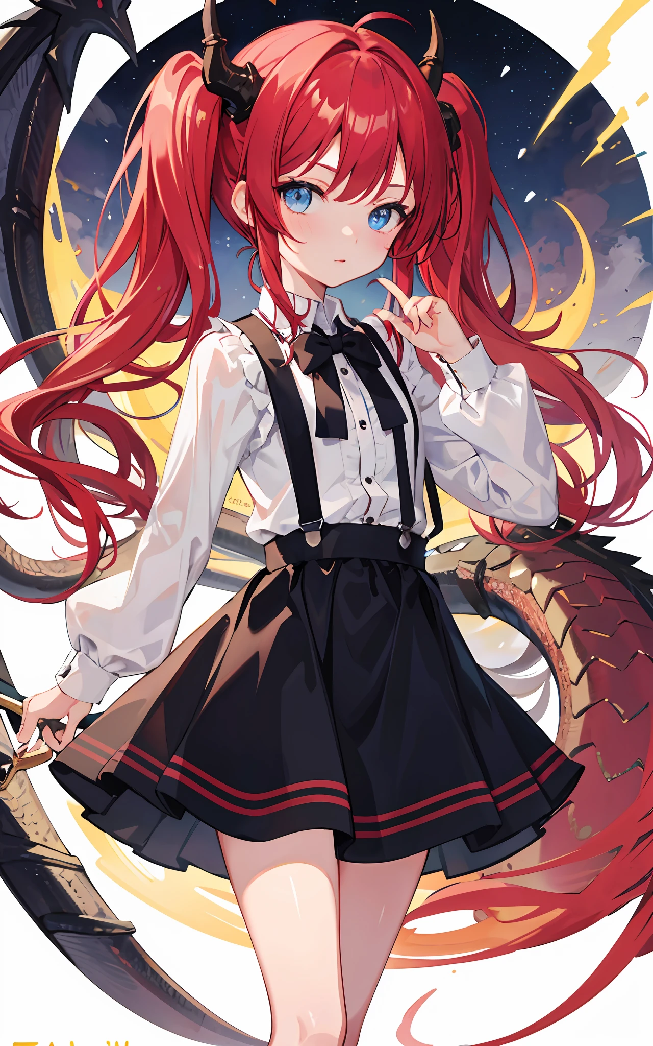 {{best quality}}, {{masterpiece}}, {{ultra-detailed}}, {illustration}, {detailed light}, red hair,blue eyes,twintails,lolita,Suspenders skirt,Fantastic,loli,solo,Dragon horns,little girl,long hair