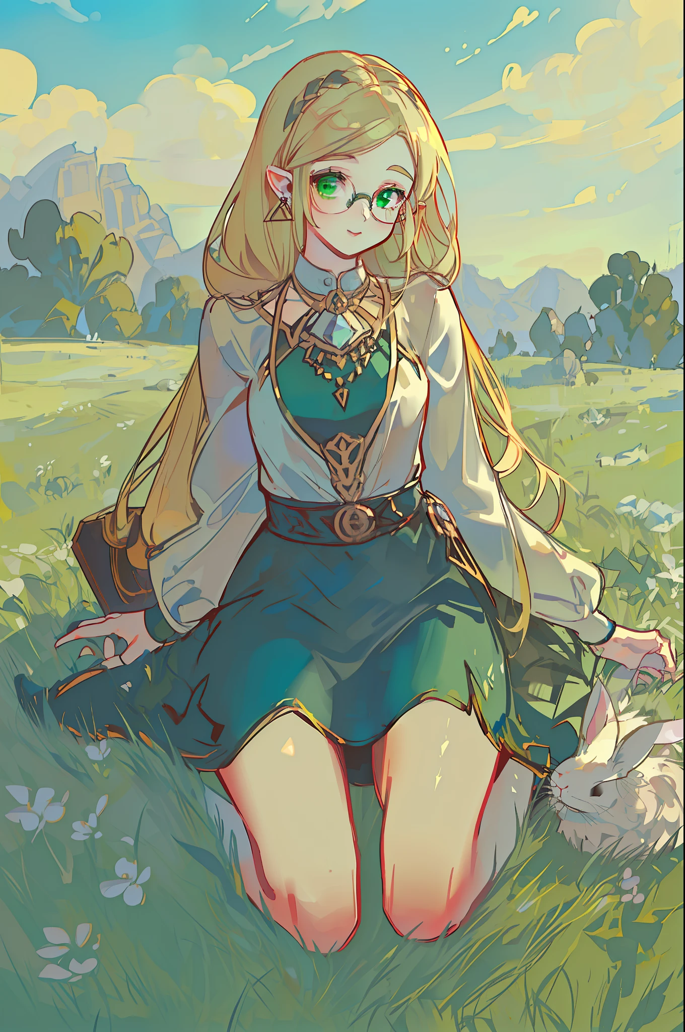 Green-haired girl，Green jewel-like eyes，glistning skin，Gem earring，Gold-tone glasses，magia，book，Blue sky，grassy fields，Illustration style，Sit on grass，Rabbits surround the girl。