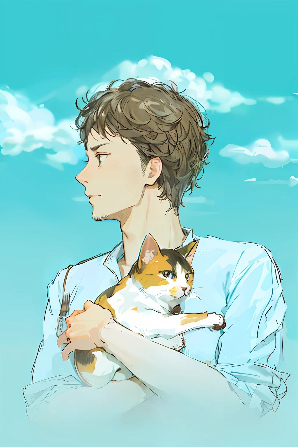 There is a man with a cat in his arms, by Kamisaka Sekka, Holding a cat, by Ai-Mitsu, By Yasutomo Oka, by Maki Haku, by Naka Bokunen, by Eizan Kikukawa, inspired by Yumihiko Amano, manga style of kentaro miura
