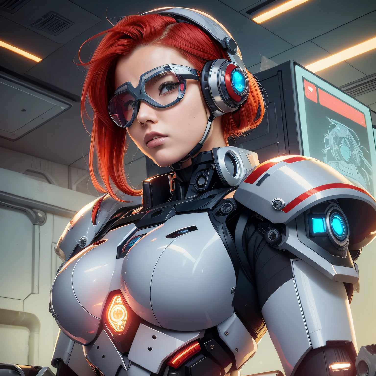 Anime – Style woman in futuristic suit with red hair and goggles, Girl in Mecha Cyber Armor, Perfect Anime Cyborg Woman, mechanized valkyrie girl, armor girl, anime cyborg, Cyborg merchant girl, portrait of cyborg queen, Dressed in cyber armor, Cyborg girl, Female Cyborg, female mech, Cute cyborg girl, Cyborg - Girl, perfect cyborg female