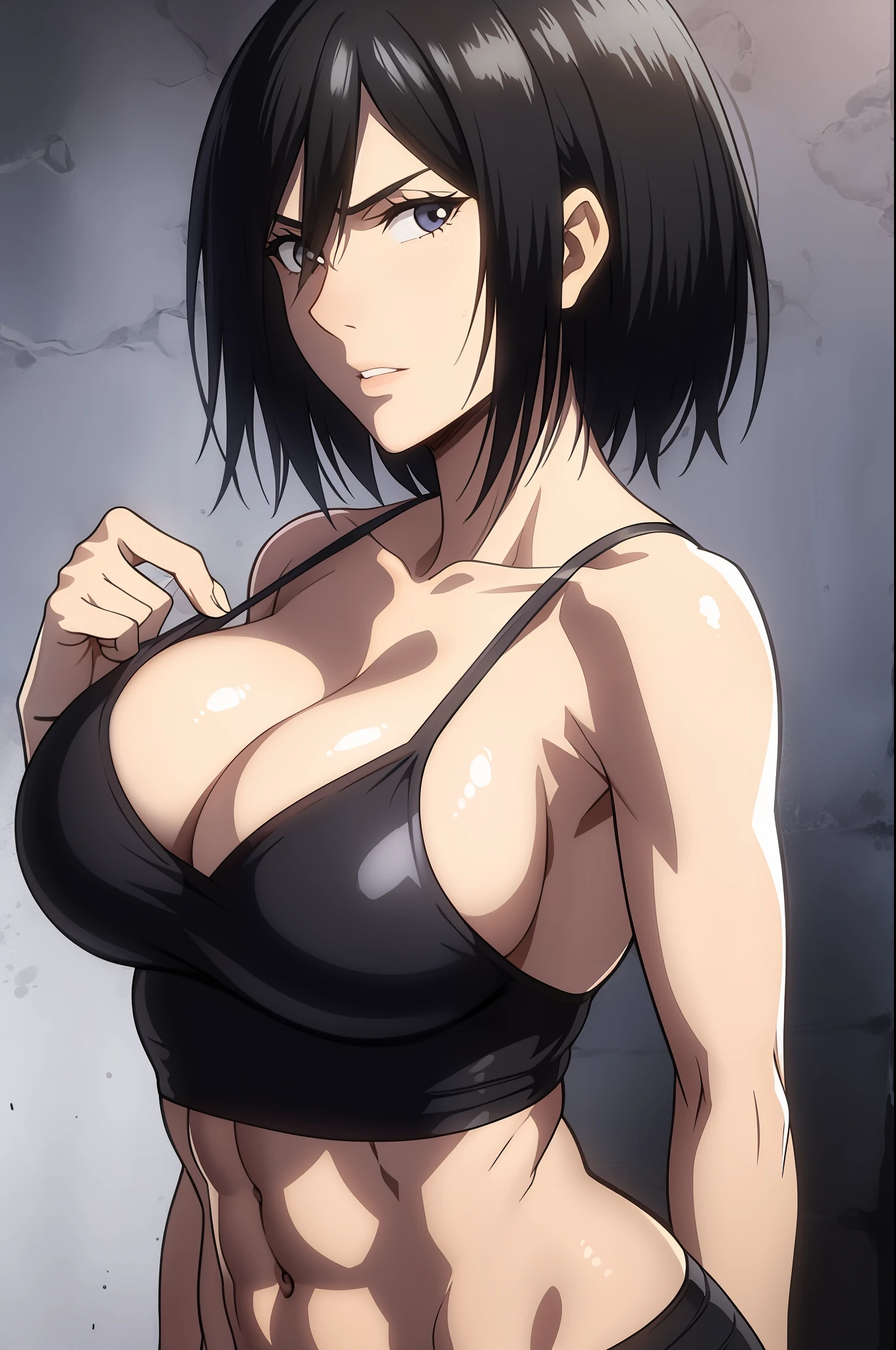 1girl, mikasa ackerman, (black hair:1.3), Hair between both eyes, short detailed hair, temple, With gray eyes, cparted lips, cleavage,huge tit， closeup cleavage, solo, cparted lips,, tmasterpiece, best quality,musculature，muscline，Clench your fists，Sharp eyes，Exuding abs，sport underwear，