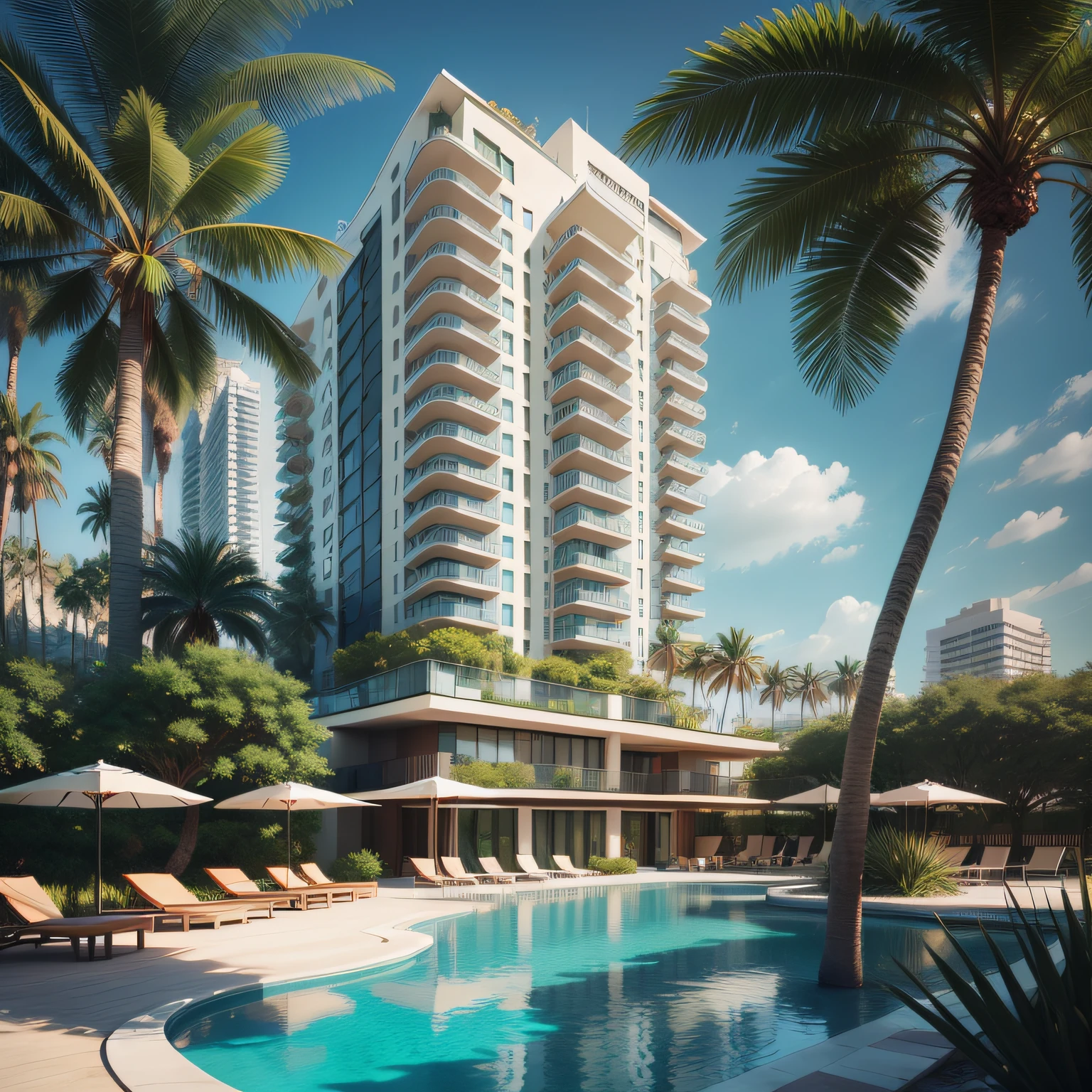 Grande hotel, Arquitetura futurista, building in the background, Building with grandevlawdo on the beach, Arquitetura moderna, grande piscina em frente ao hotel, restaurante interior com grandes fachadas em vidro, grandes candeeiros no interior, lots of vegetation around, hotel com 120 quartos, Arquitetura moderna, organic architecture, Geometria luxuosa, hiper-realista, Fantastic 8K architecture, UHD — AR 16: