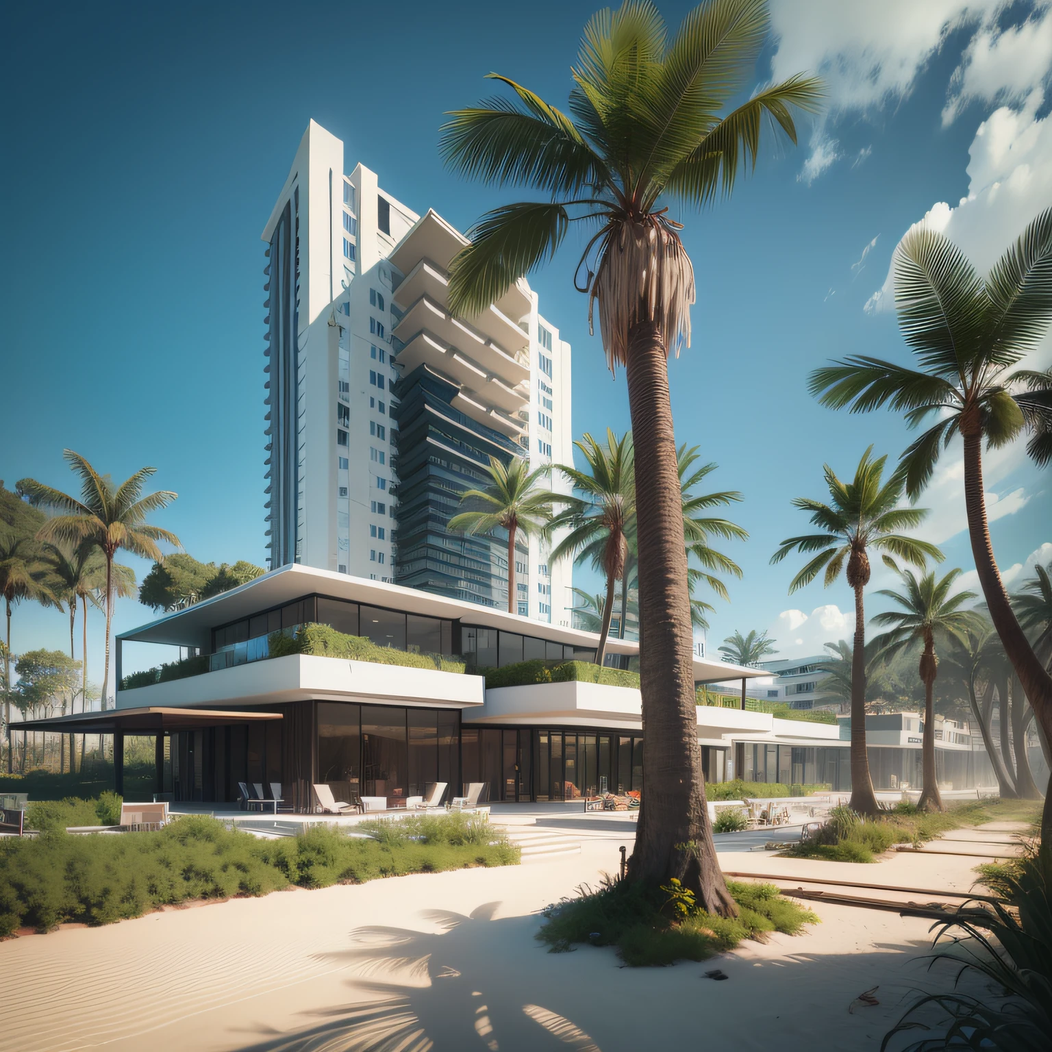 Grande hotel, Arquitetura futurista, building in the background, Building with grandevlawdo on the beach, Arquitetura moderna, grande piscina em frente ao hotel, restaurante interior com grandes fachadas em vidro, grandes candeeiros no interior, lots of vegetation around, hotel  com 120 quartos, Arquitetura moderna, organic architecture, Geometria luxuosa, hiper-realista, Fantastic 8K architecture, UHD — AR 16: