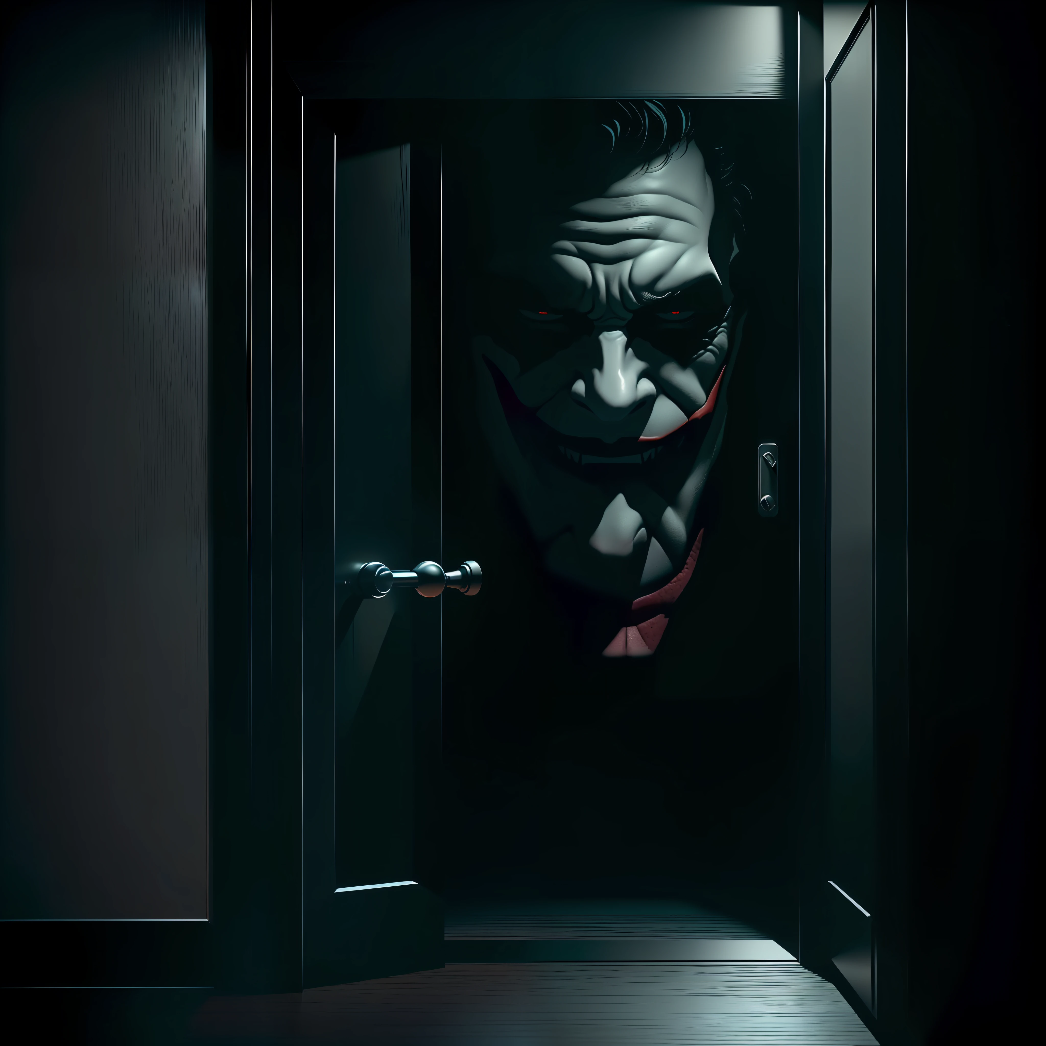 The face of Voyeur, medium close up view, the notorious villain, Joker of the dark knight, voyeuring from behind the door, from the slightly open door in to room, voyeuristic view, hip level shot, highly detailed, photorealistic, octane render, unreal engine, 8k resolution