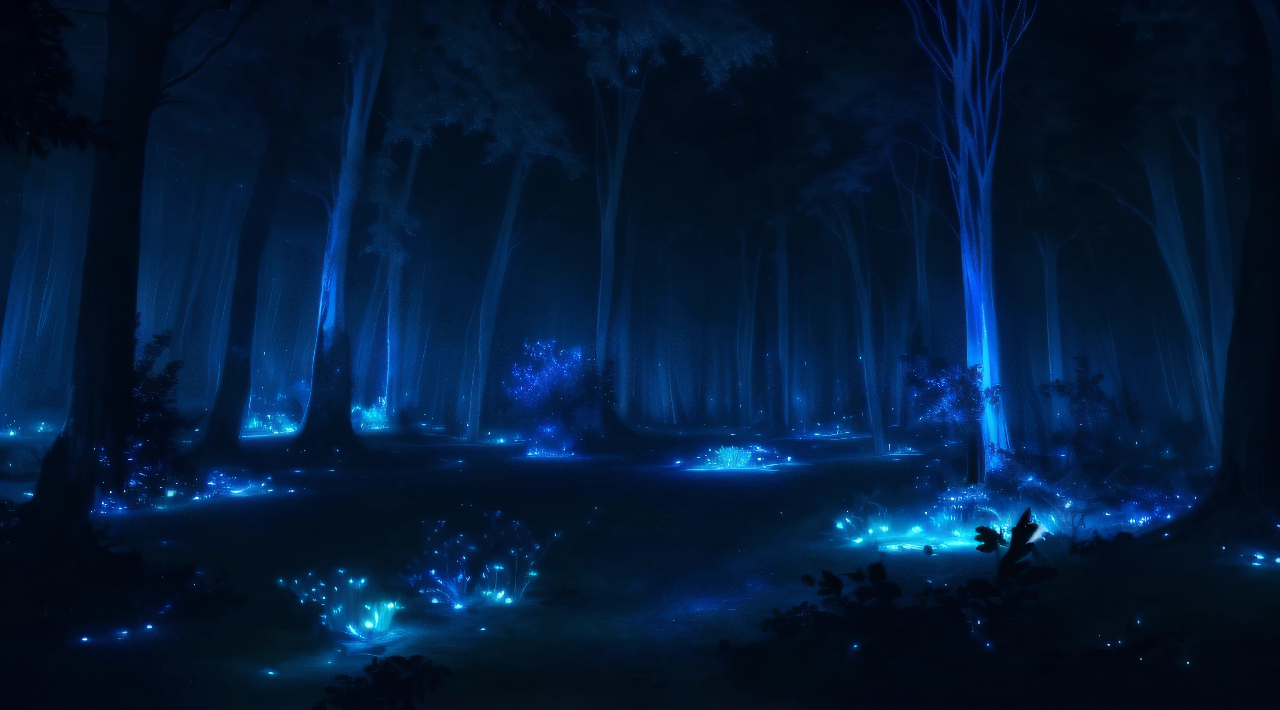 A closeup of a forest with lots of trees and blue lights, Bioluminescent forest floor, floresta brilhante, floresta azul, Firefly forest at night, azul brilhante, vagalumes azuis, floresta noturna, magical forest with fireflies, magical forest in the background, Magic Forest, in a forest at night, forest at night, magical forest backround