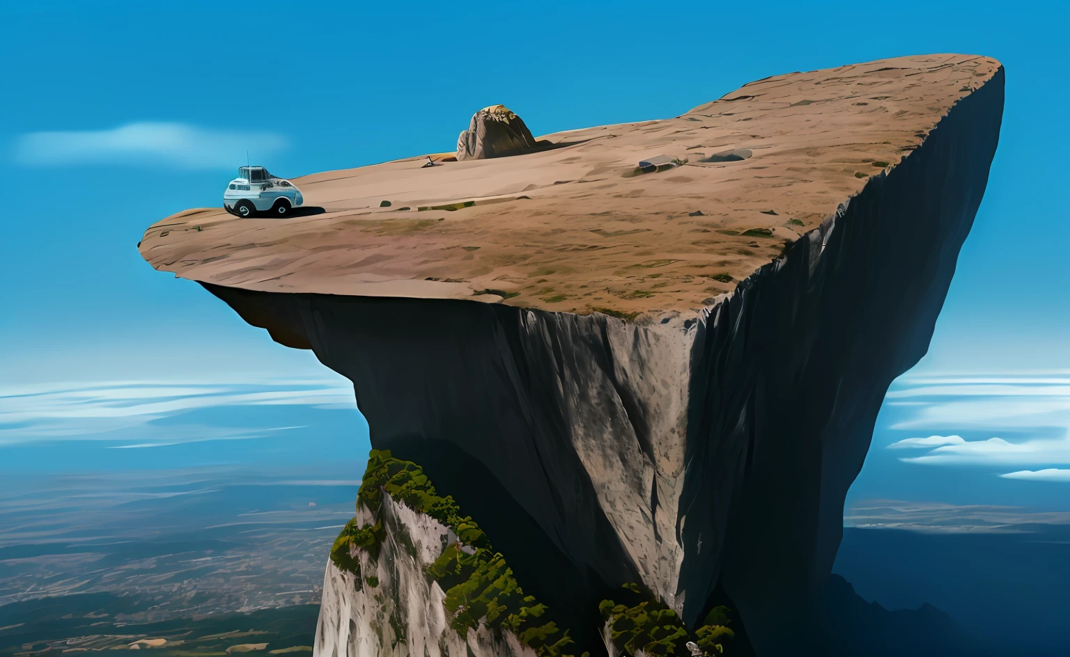 una roca larga flotando en el aire, superficie plana con algunas grietas, vista desde arriba,