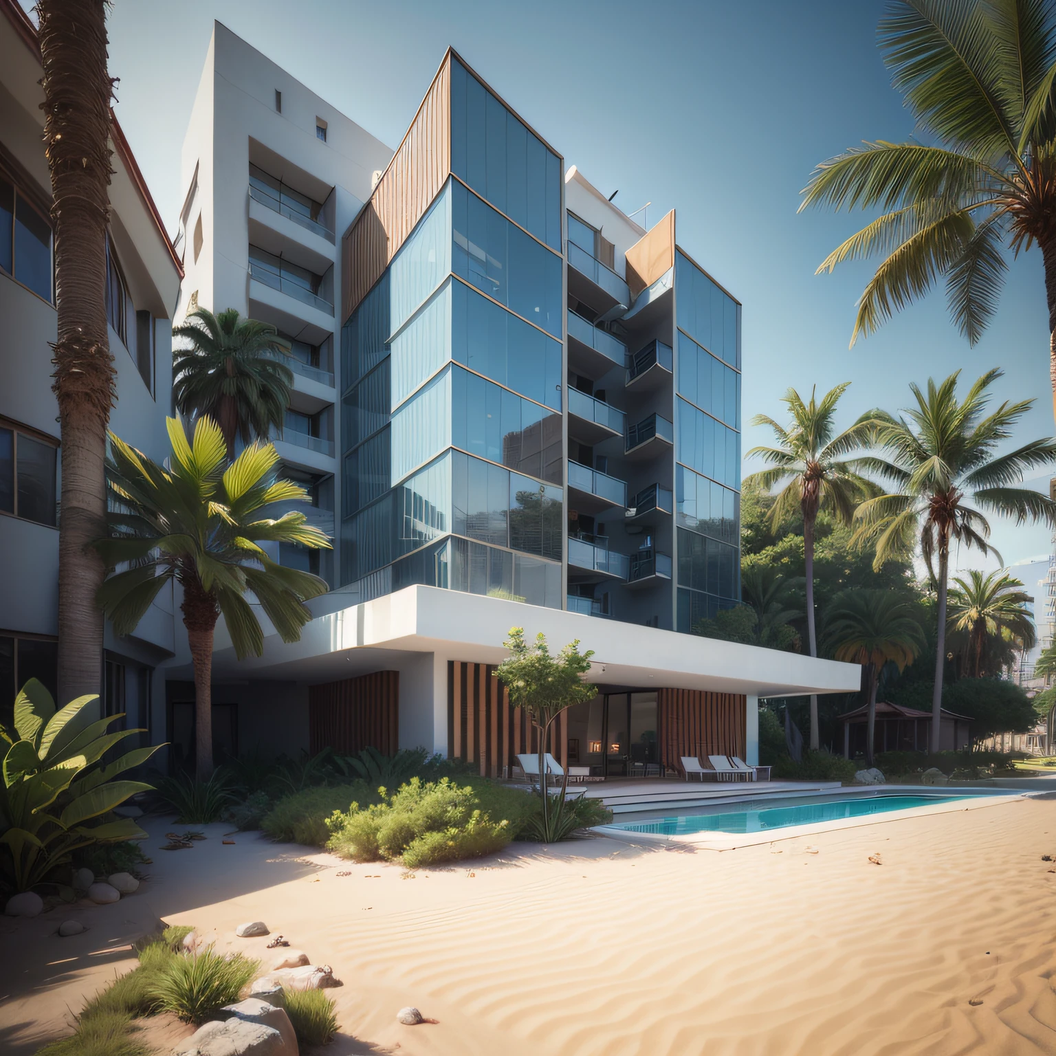 Grande hotel, Arquitetura futurista, building in the background, Building with grandevlawdo on the beach, Arquitetura moderna, grande piscina em frente ao hotel, restaurante interior com grandes fachadas em vidro, grandes candeeiros no interior, lots of vegetation around, hotel com 120 quartos, Arquitetura moderna, organic architecture, Geometria luxuosa, hiper-realista, Fantastic 8K architecture, UHD — AR 16: