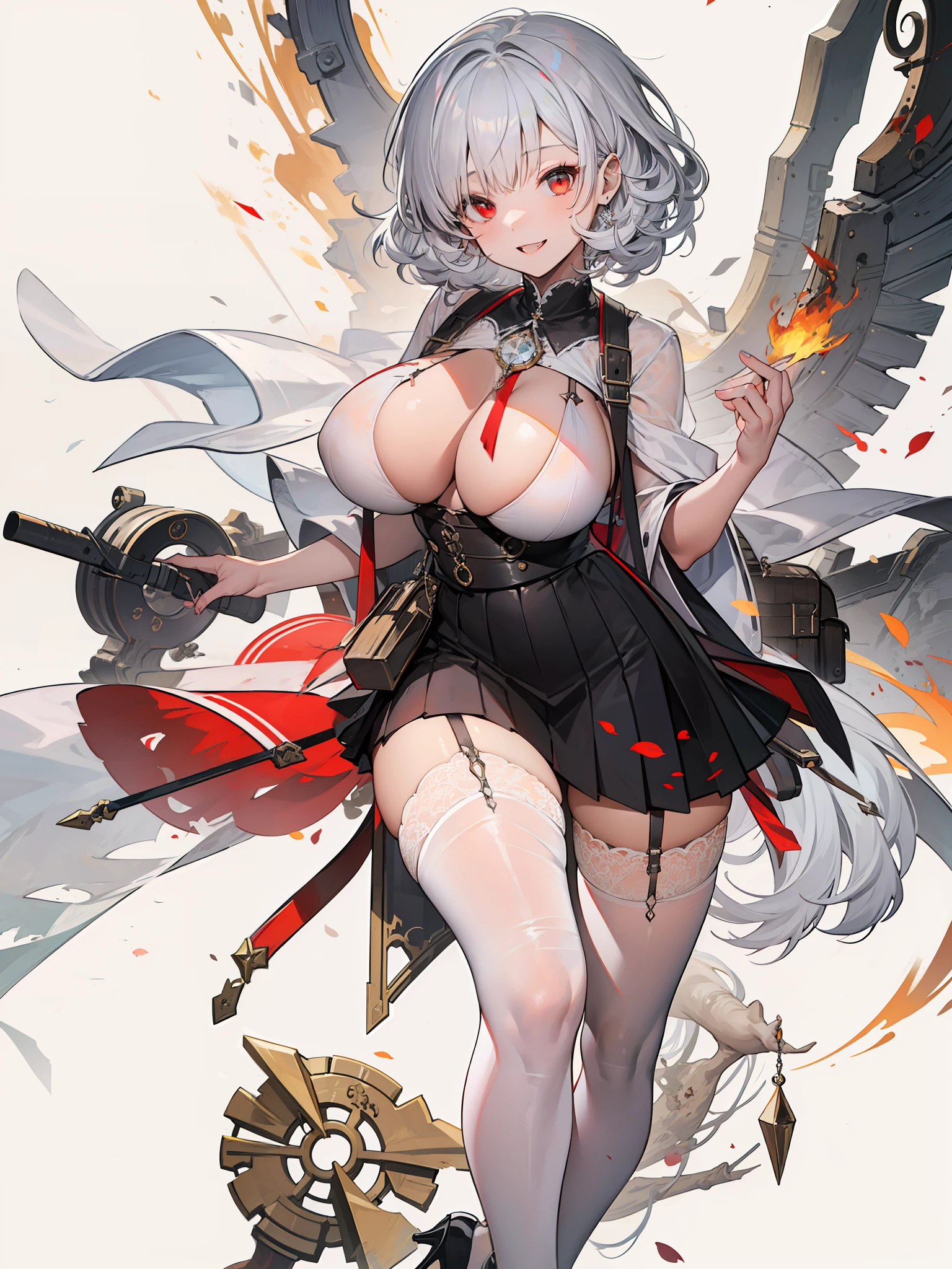 quadratic element,White hair,Red eyes,huge tit, upper legs,Lace transparent white suspender stockings,Short curly hair with a shawl,red high heel pumps,curlies,white colored eyelashes,long eyelasher,Transparent tutu,Lace suspenders,Leg straps,ssmile,Carry skirt corners,Busty,熟妇,Flesh-colored,Exquisitely,largeeyes