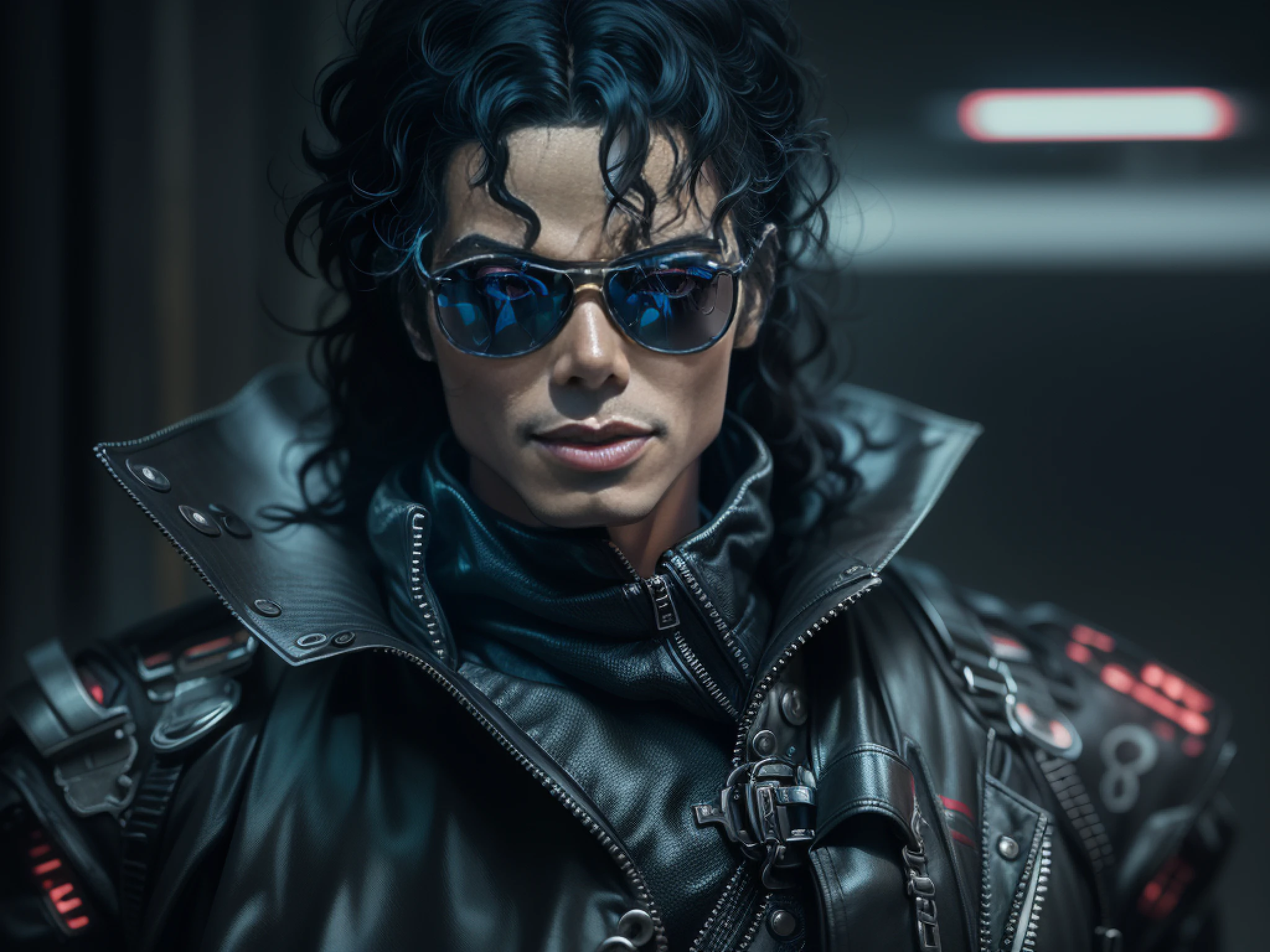 Hay un hombre con gafas de sol y una chaqueta de cuero, Retrato de Michael Jackson, Retrato de Michael Jackson, Arte cyberpunk ultrarrealista 8K, Renderizado retrato 8K, inspirado por Mike Winkelmann, Tendencias en ArtStation 4K, Estilo cyberpunk , Hiperrealista, 3D render character art 8 k, Miguel_Jackson, inspirado por Michael Sittow, Michael Jackson
