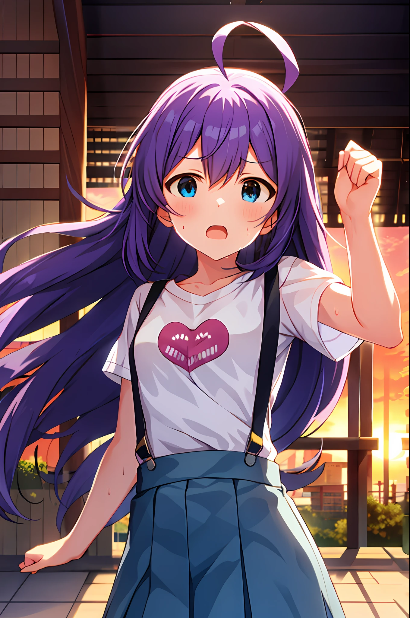 mochizuki anna,1girl in,Solo,Long hair,Purple hair,Medium chest.Ahoge,Blue eyes.Short stature.white t-shirts.suspenders.Skirt.Evening glow.the setting sun.Despair face.Sweat.Opening Mouth.up chest.fighting stance.