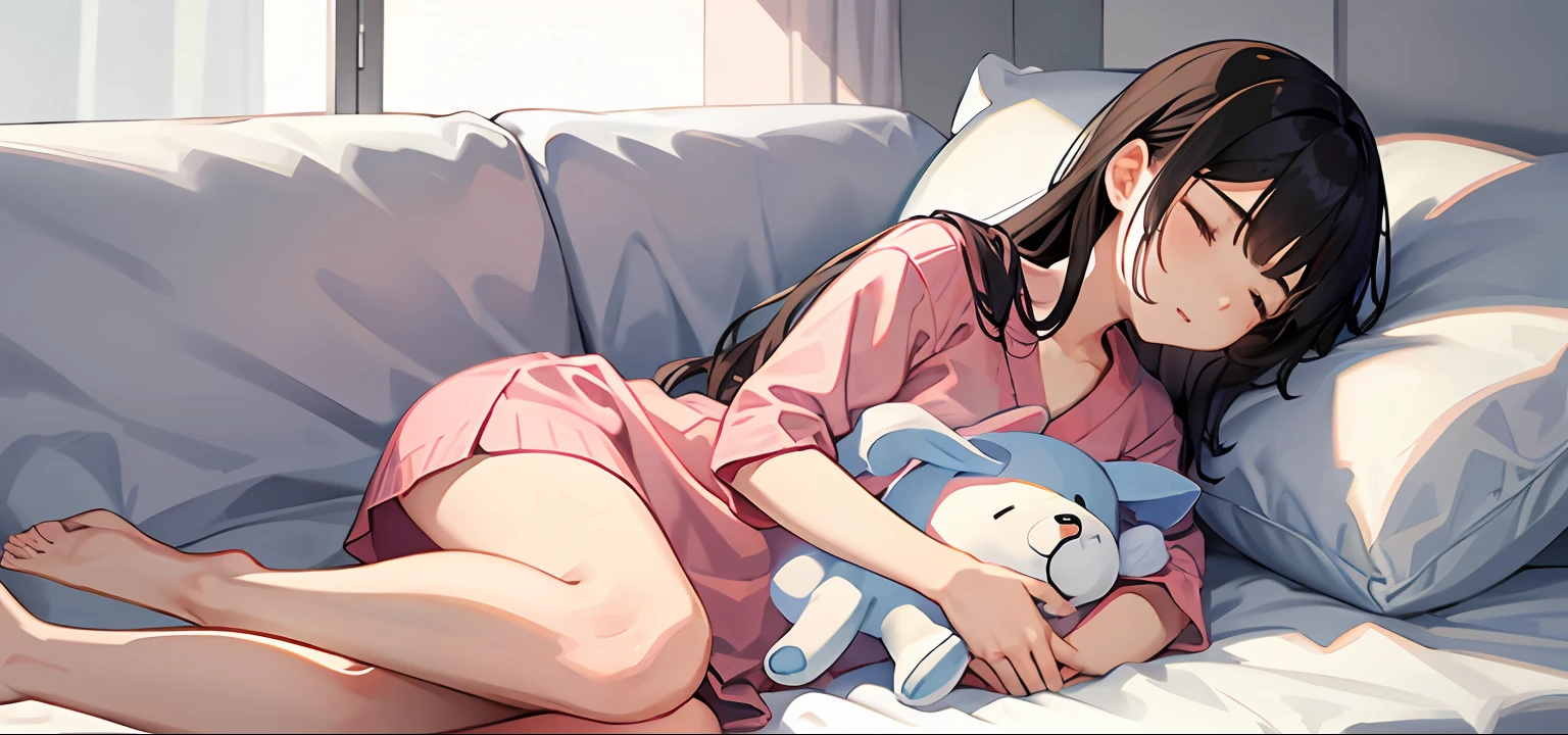 girl sleeping,、Holding a stuffed animal、I'm drooling with my mouth open、Prone