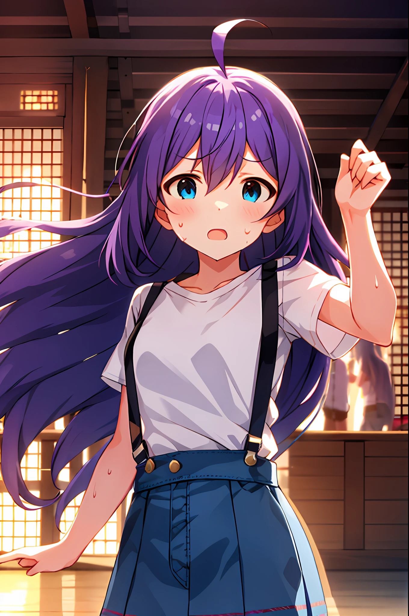 mochizuki anna,1girl in,Solo,Long hair,Purple hair,Medium chest.Ahoge,Blue eyes.Short stature.white t-shirts.suspenders.Skirt.Evening glow.the setting sun.Despair face.Sweat.Opening Mouth.up chest.fighting stance.