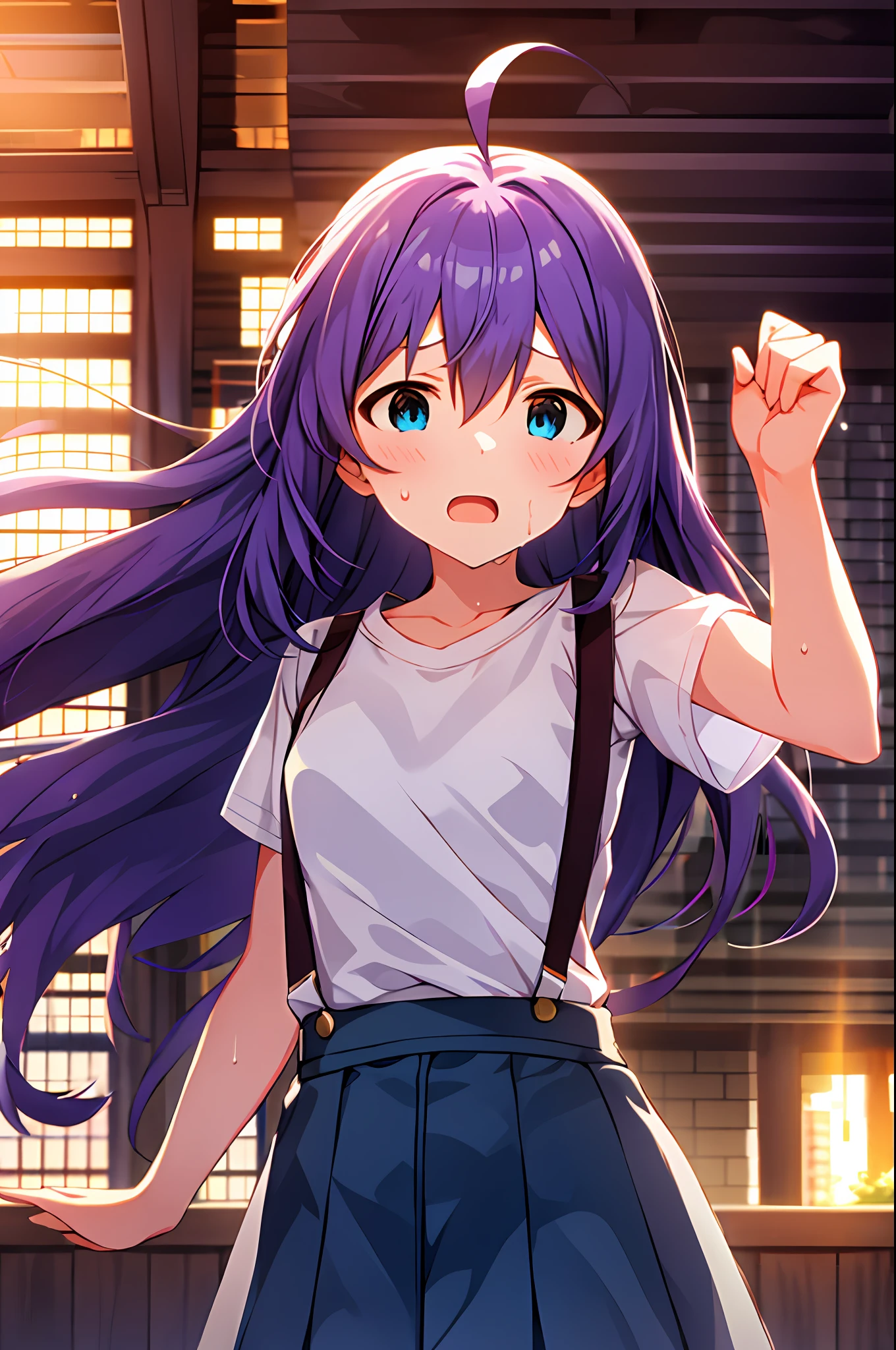mochizuki anna,1girl in,Solo,Long hair,Purple hair,Medium chest.Ahoge,Blue eyes.Short stature.white t-shirts.suspenders.Skirt.Evening glow.the setting sun.Despair face.Sweat.Opening Mouth.up chest.fighting stance.