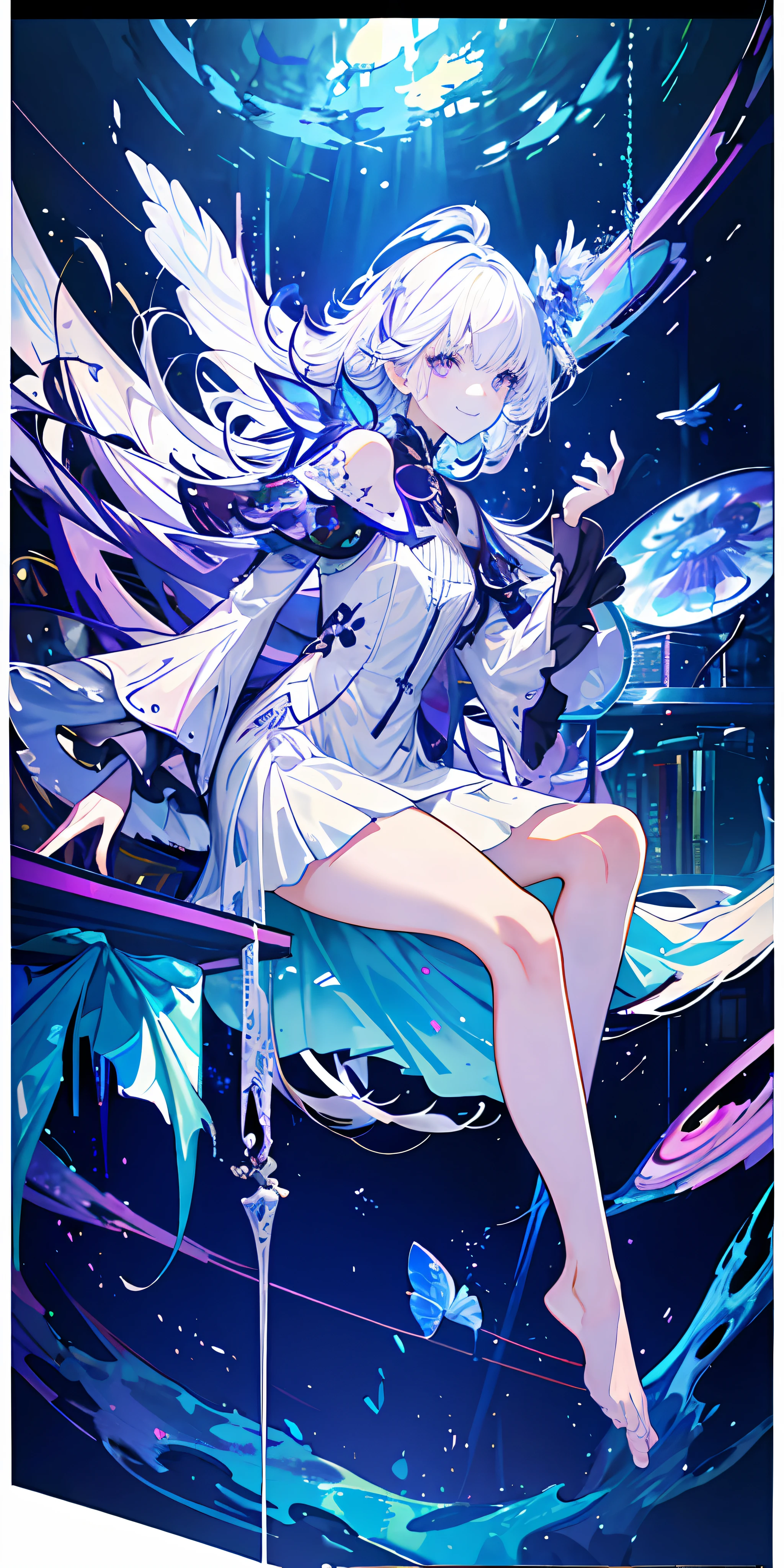 [(Transparent background:1.5)::5],(((Masterpiece))),(((Best quality))),(((Extremely detailed))),illustration, 1girll,Solo,mysterious,vivd colour,Shiny, Underwater transparent sealed hemispherical glass dome, (White hair),(Purple eyes), full body,Barefoot,Long hair tranquility nature, Koi,Underwater, Dome,Close up,Dynamic actions,Lens perspective,(((Box composition))),sitting cross-legged，Leaning against the bookshelf, voluminetric lighting, multi colored eyes, Detailed eyes, ultra - detailed,Light smile, Highly detailed, Beautiful, small detailed, Ultra detailed, Best quality, Intricate, 4K, 8K, trending on artstationh, Good anatomy, Beautiful lighting, Award-winning,